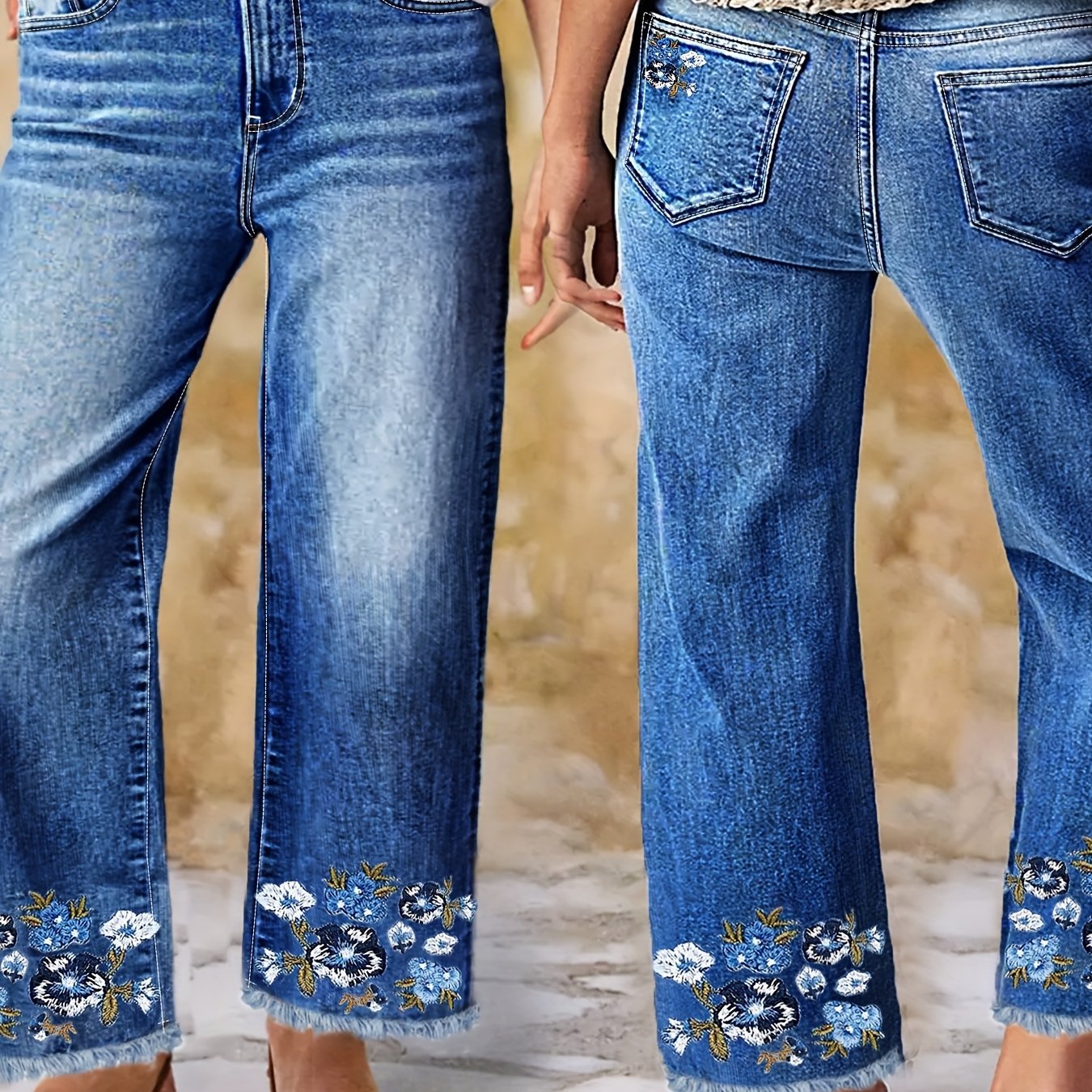 Women's High-waisted High-stretch Fashionable Comfortable Blue Straight-leg Denim Jeans With Hem Embroidery