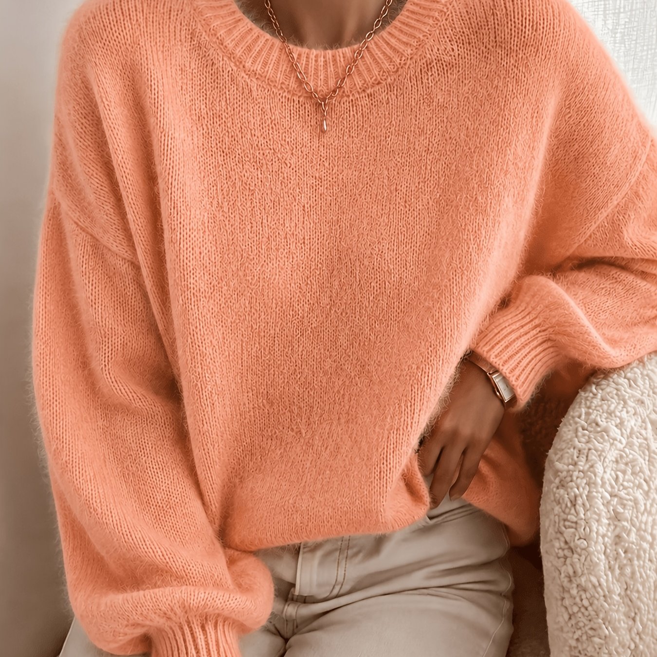 TEMU Soft Textured Sweater - Elegant Relaxed Fit -compatible Suitable For Warm Fall Winter Sweaters, Medium Stretch Solid Color Pullover, Hand
