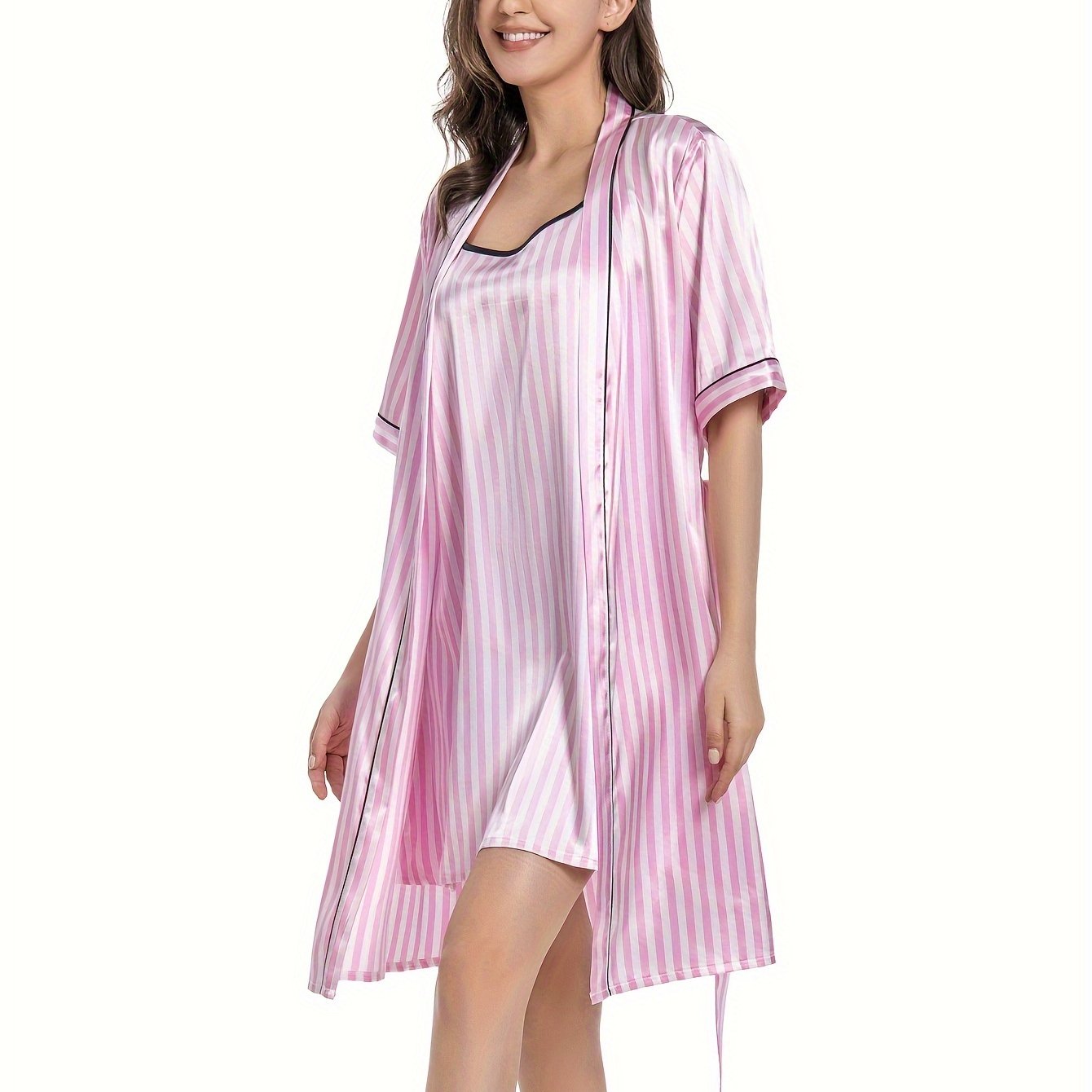 Striped Satin Pajama Set Half Sleeve Robe Belt Slip Dress - Temu