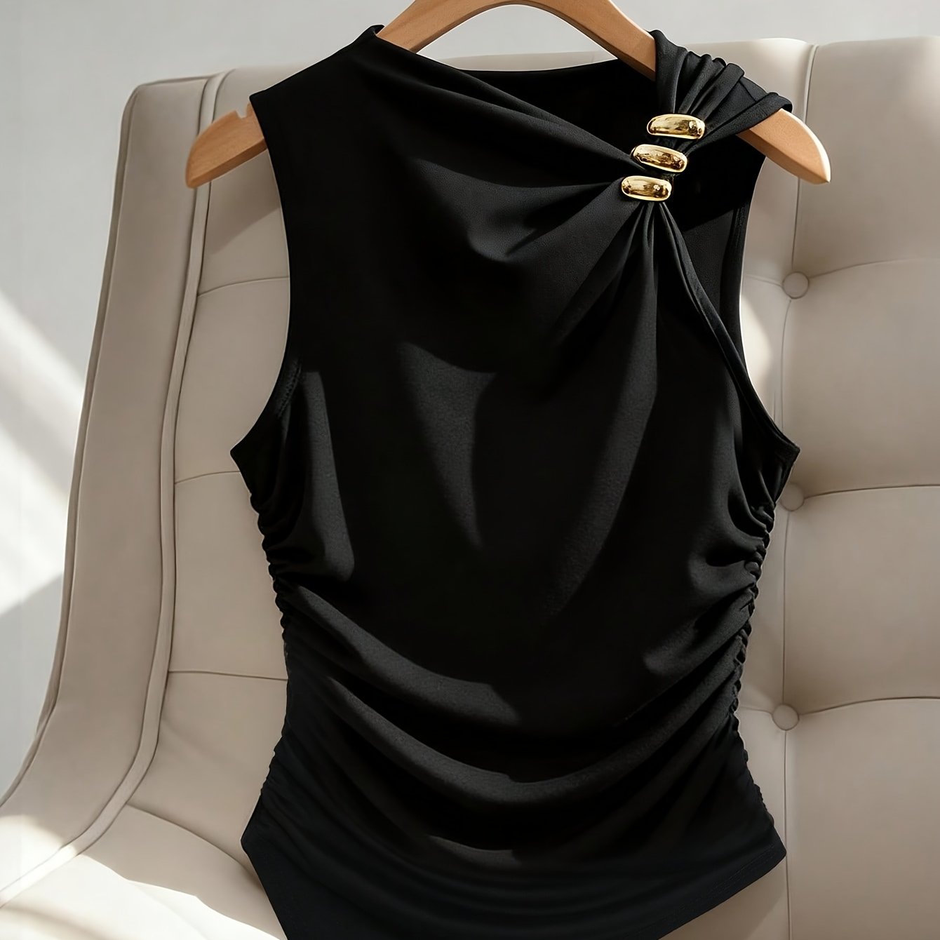 TEMU Women's Y2k Metal Button Sleeveless T-shirt - Solid Color Irregular Collar Top, Medium--washable Blouse For Layering & - Wear - Non- Smooth
