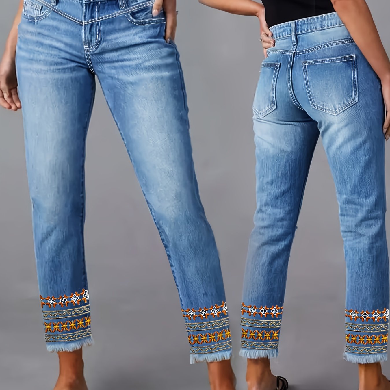 Image of High-waisted Stretch Comfortable Versatile Fashion Bohemian Style Embroidered Slim- Skinny Women's Jeans