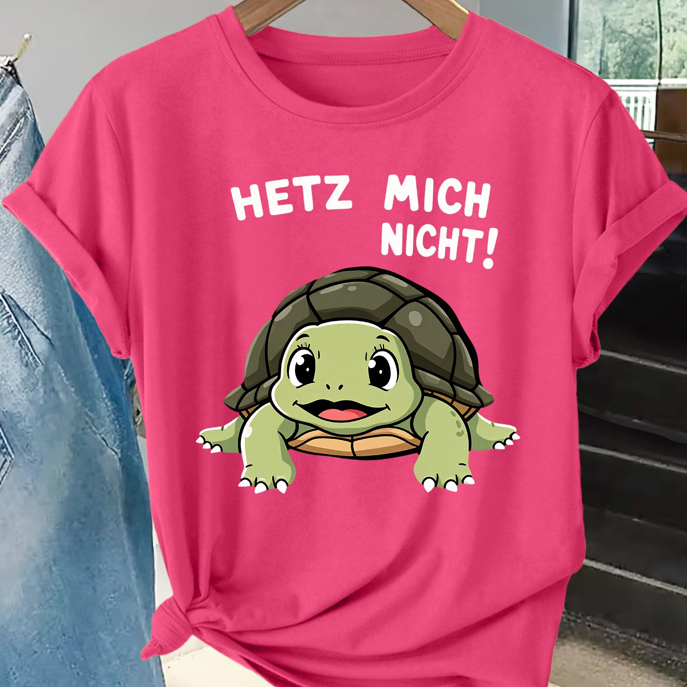 TEMU Damen T-Shirt in großen Größen mit kurzen Ärmeln, süßer Schildkröte, langsamem , lustigem deutschem Aufdruck, hautfreundlich und atmungsaktiv,