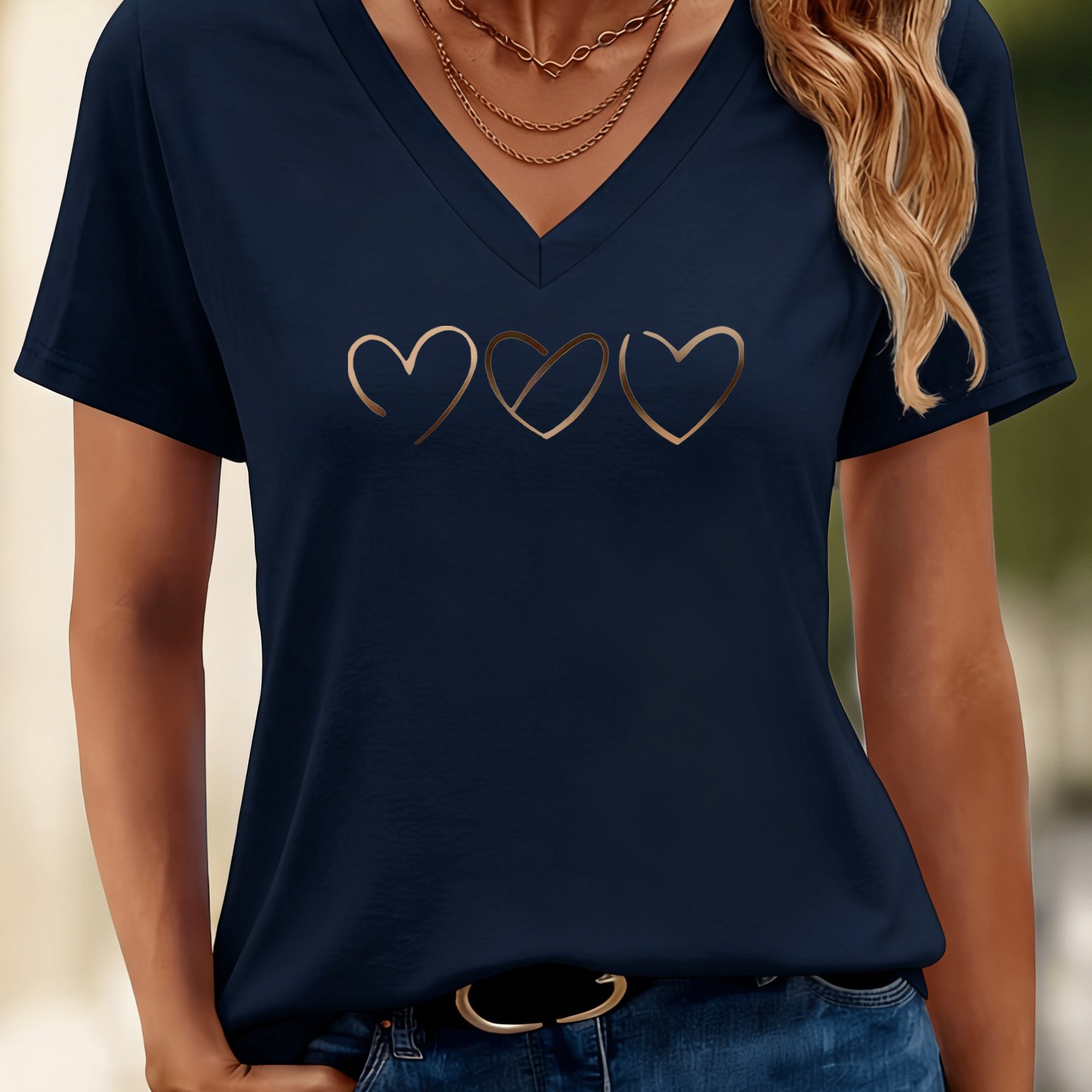 TEMU Heart Print V-neck Short-sleeved T-shirt, Very Suitable For Daily Wear, For Holiday Gifts, | Christmas, Valentine's Day, Etc., Versatile And,