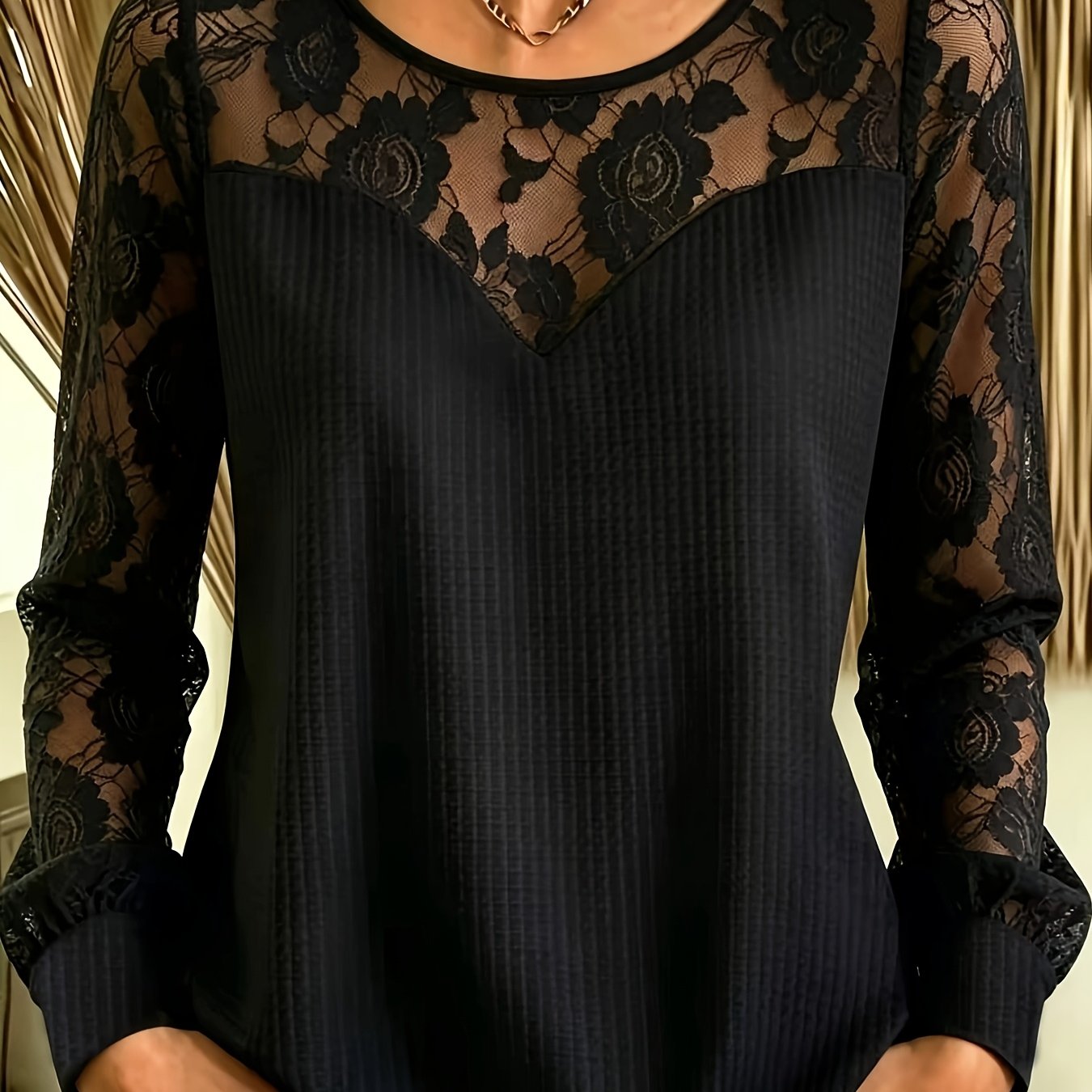 TEMU Plus Size, Autumn/winter New Arrival Women's Plus Size Fashion Solid Color Waffle Textured Spliced Hollow Lace Long Sleeve Top