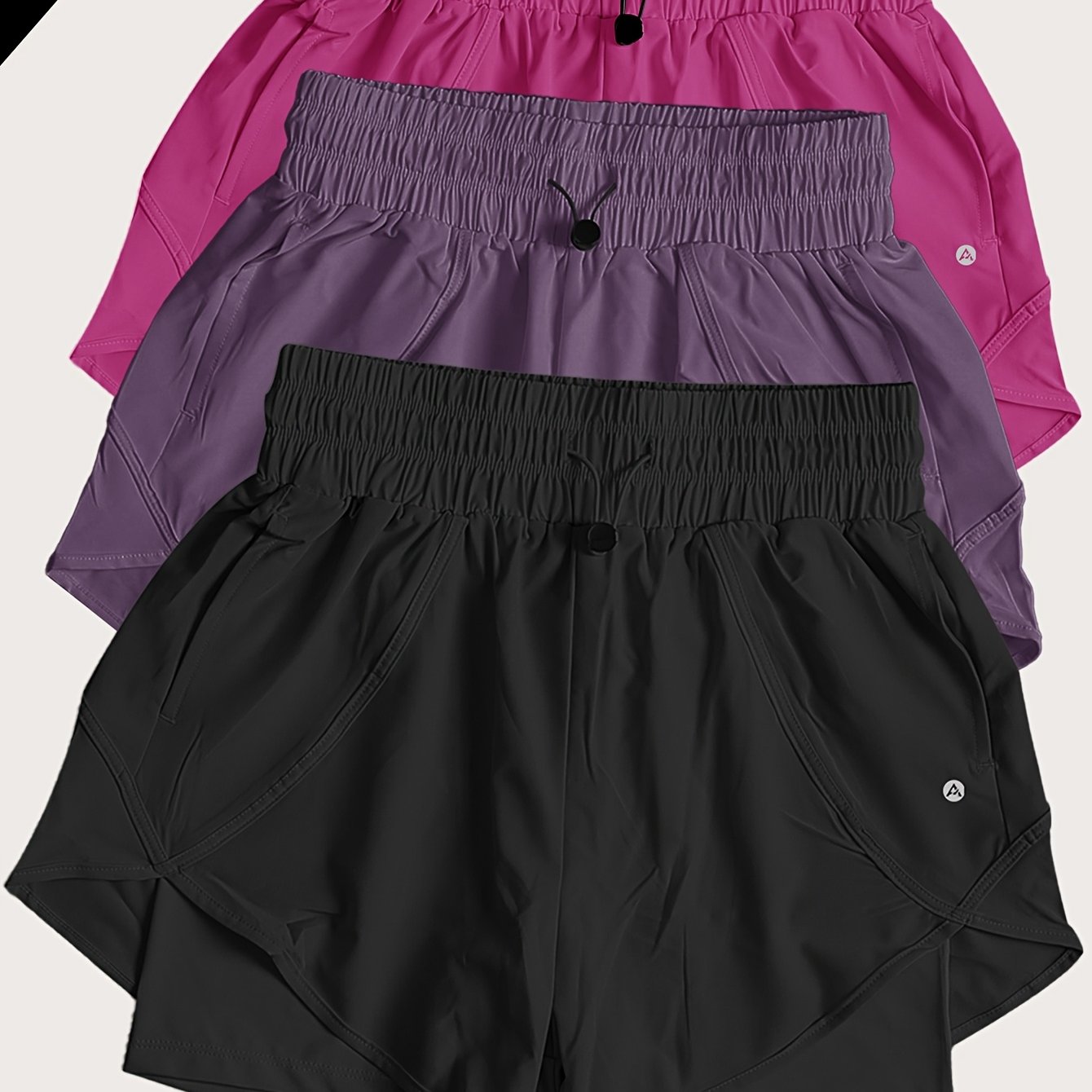 TEMU 3pcs Women'-layer Casual Shorts With Elastic Waistband, Quick-dry Fabric, Suitable For Summer Workouts, Running, Fitness, And Cycling
