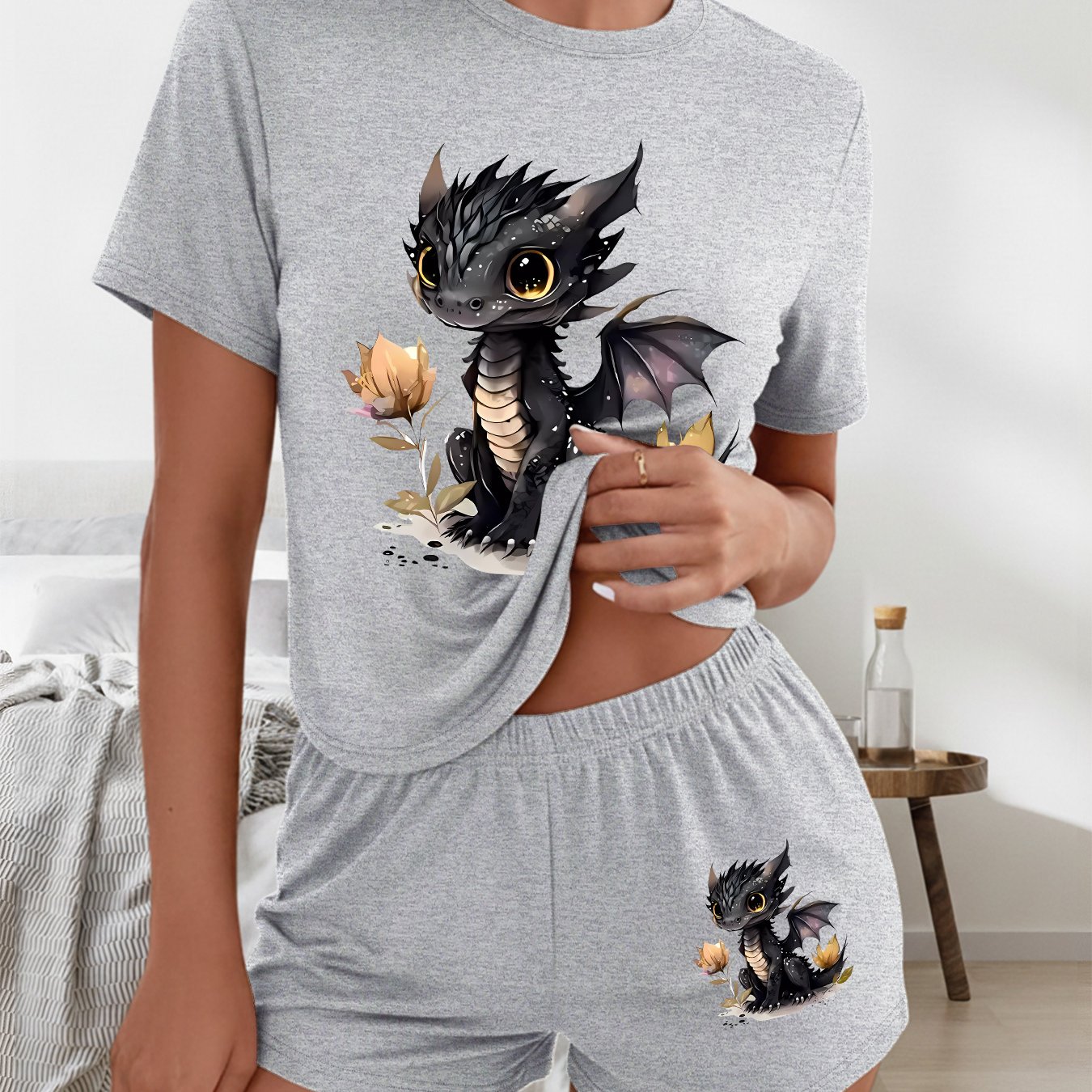 TEMU And Summer Women's Short-sleeve Round Neck Curved T-shirt And Shorts Two-piece Set, Machine Washable, Soft And Stylish Printed Short-sleeve And