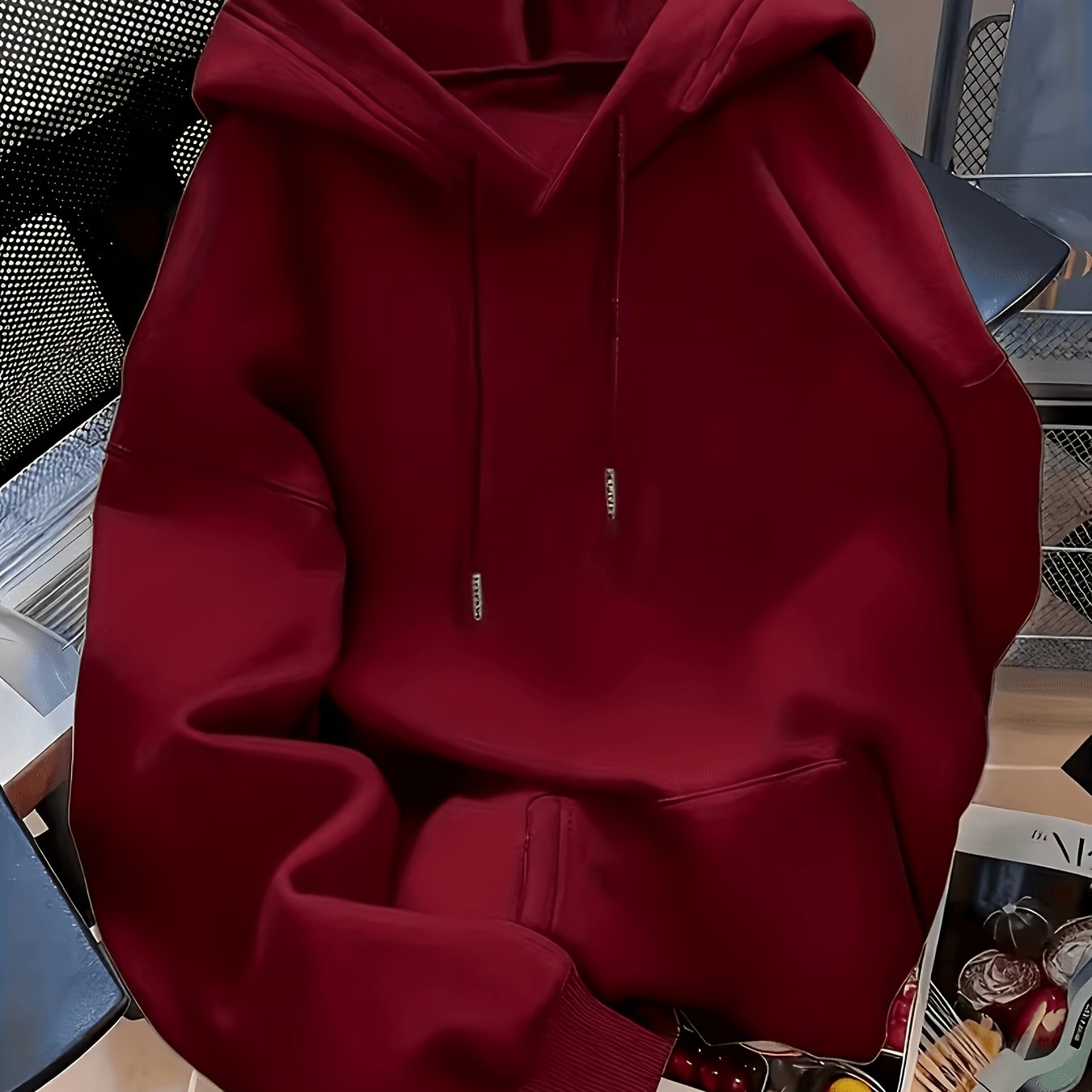 TEMU New Women's Fashion Solid Color Drawstring Hooded Sweatshirt Autumn Winter Fleece Thick Kangaroo Pocket Pullover Long Sleeve Casual Athletic Top