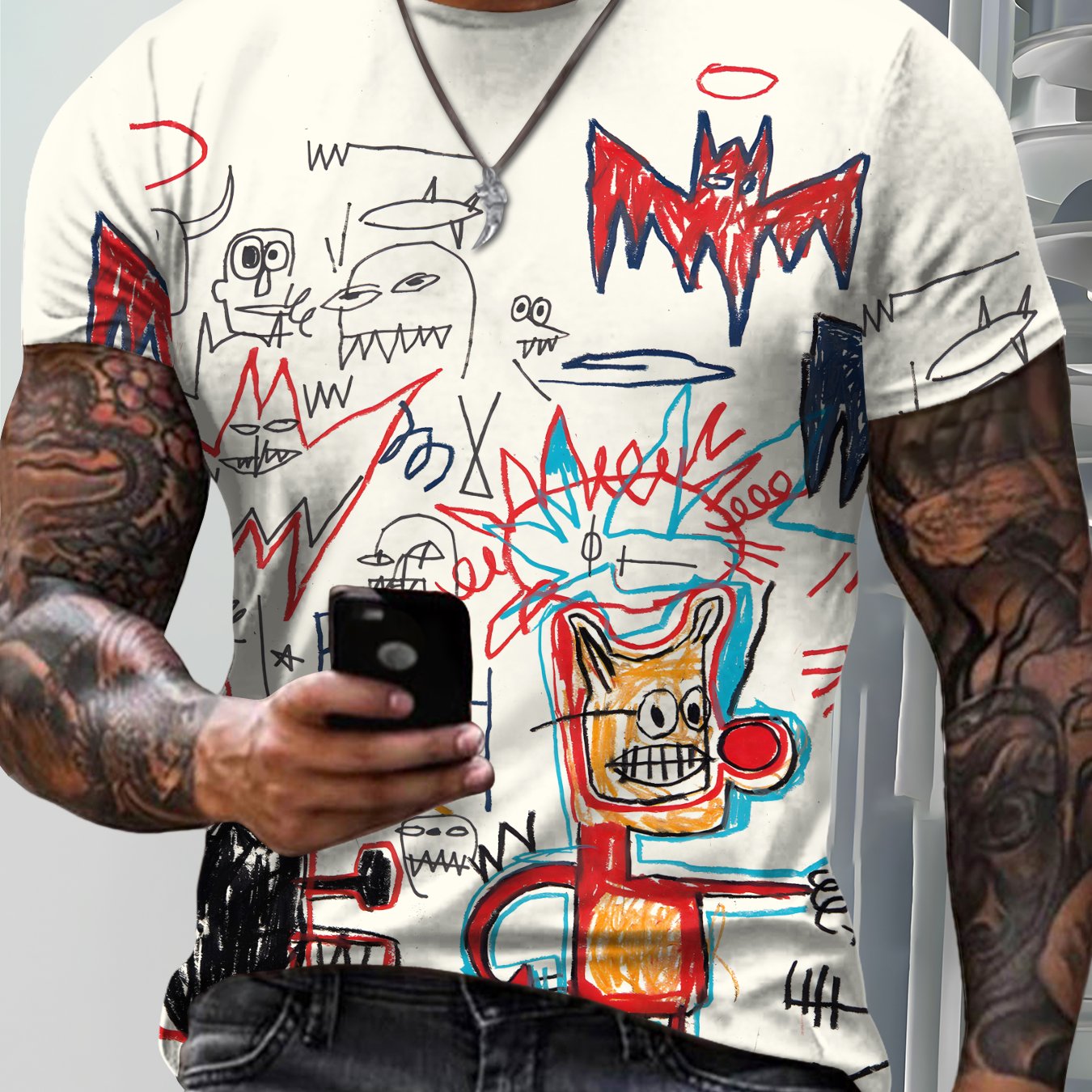 TEMU Men's Casual Print Round Neck Short Sleeve T-shirt, Color With Colorful Cartoon Graffiti Monster Art Full Print, Breathable And Thin, Suitable