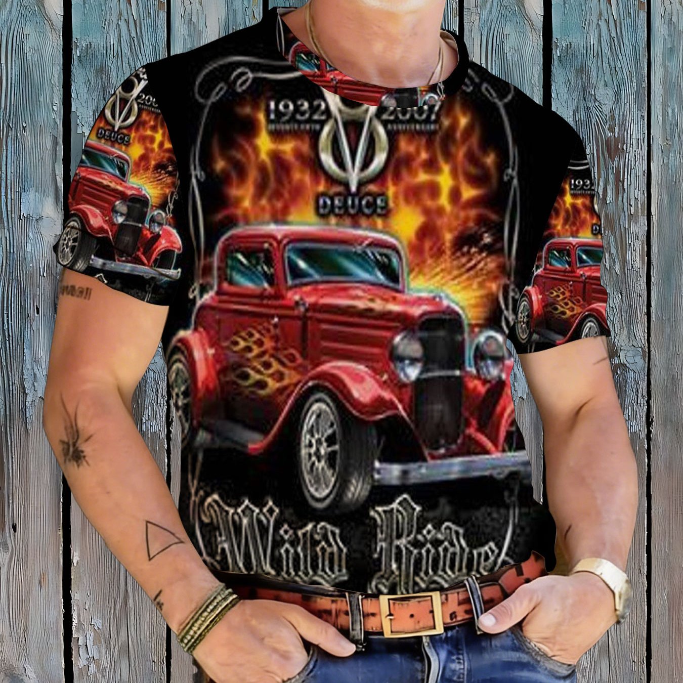 TEMU Men's Retro Hot Rod V8 Flaming Car T-shirt - Vintage Automotive Graphic Tee With Short Sleeve Crew Neck, Casual Fit For Car, Themed Events &