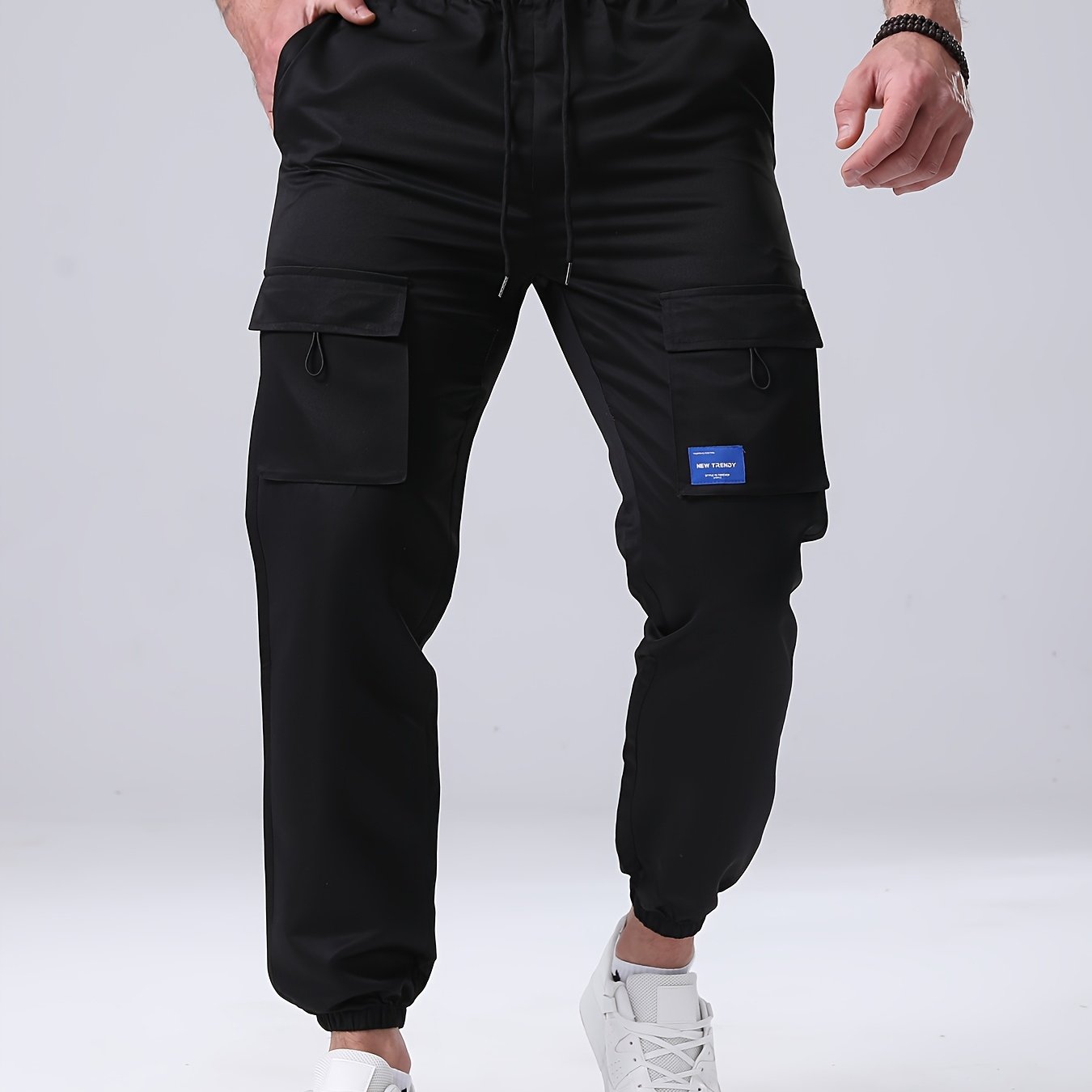Men's Casual Drawstring Cargo Pants With Multiple Pockets - Polyester, Mid-waist, Spring/fall, For Autumn, Spring