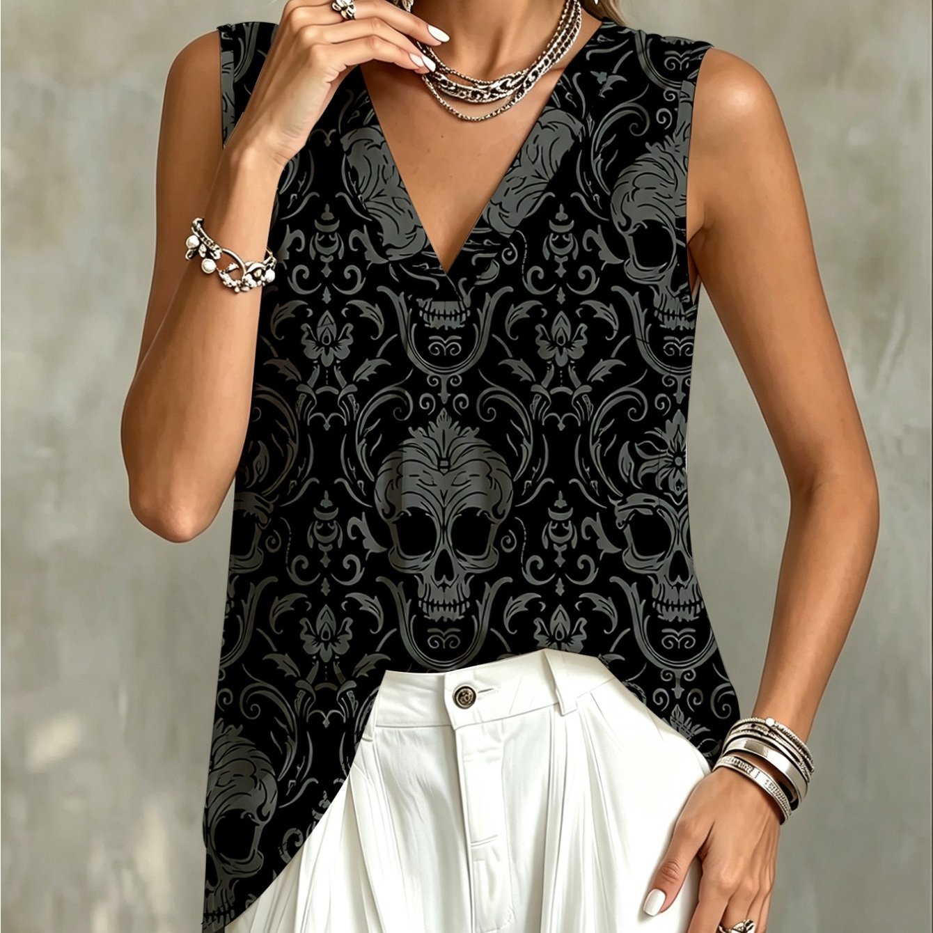 TEMU Plus Size, Plus Size Women's Gothic Vintage Baroque Sleeveless V-neck Vest - Full-body Skull Scroll & Floral Print Style Top, Stretch Vests