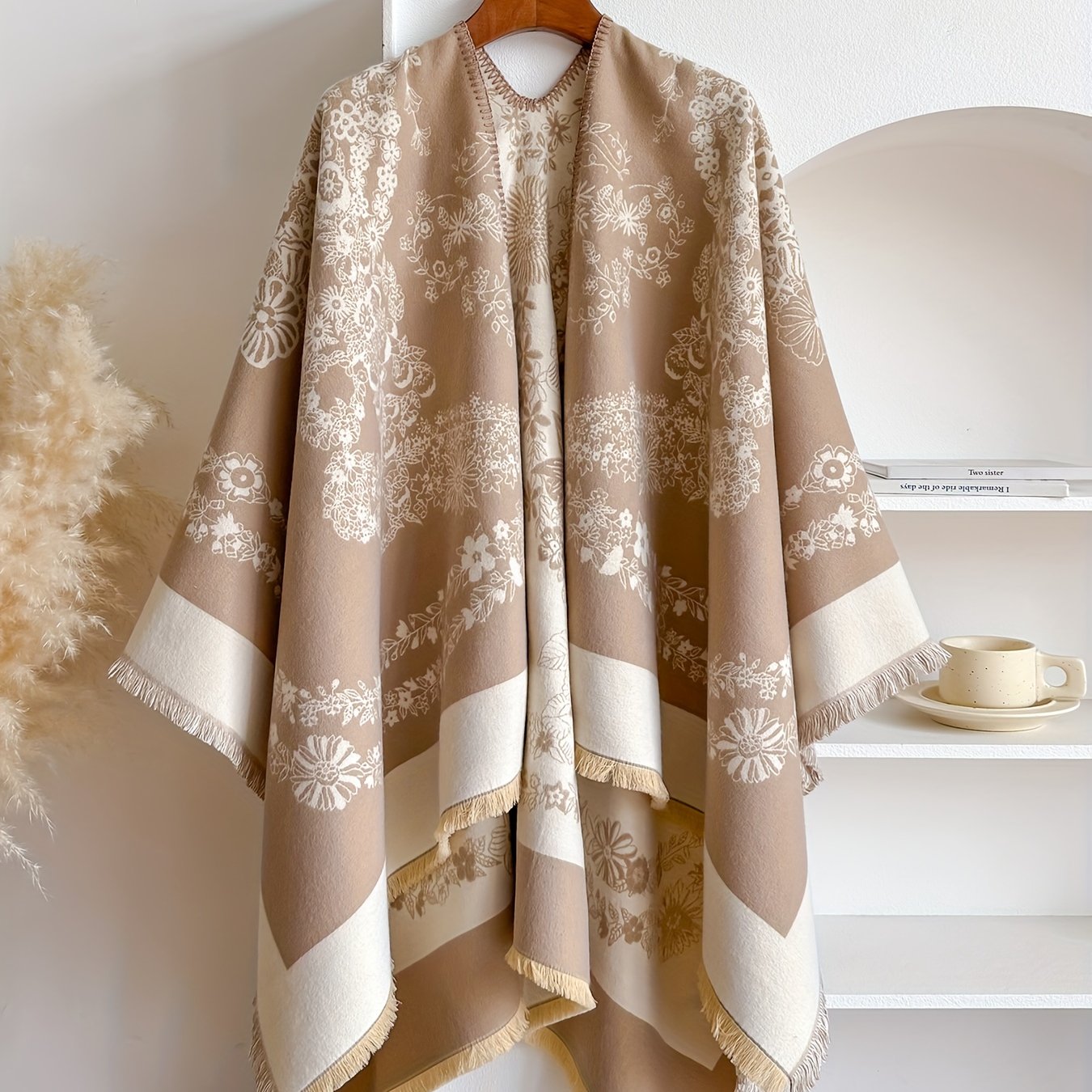 TEMU Plus Size, Plus-size Reversible Mood Cape With Vintage Floral Print, Wearable On Sides, For Autumn/winter Commuting And Travel Outfits