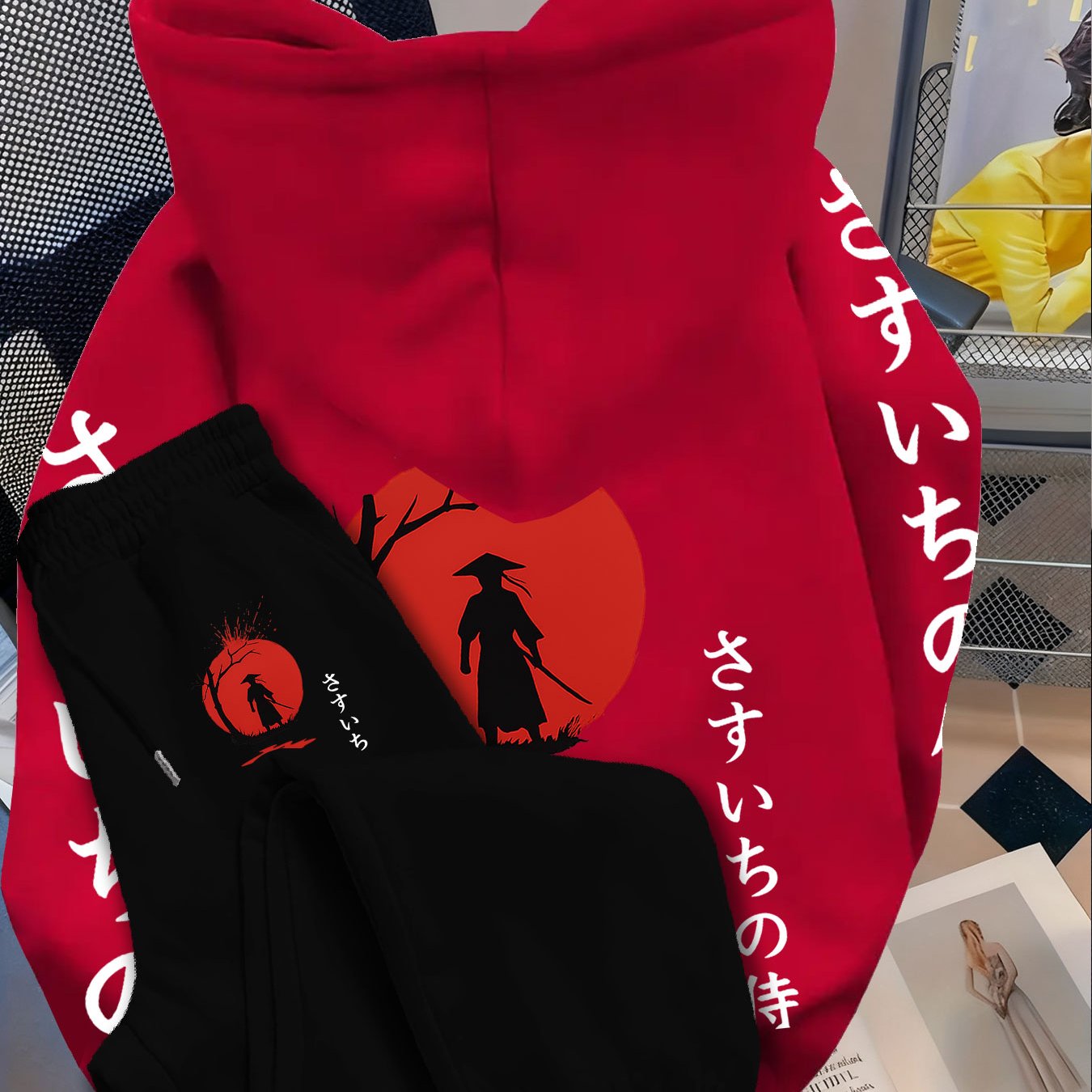 TEMU Casual Fashion Japanese Print Hoodie And Pants Set | Hooded Sweatshirt With Pockets, Geometric Pattern, Perfect For Outdoor Activities And