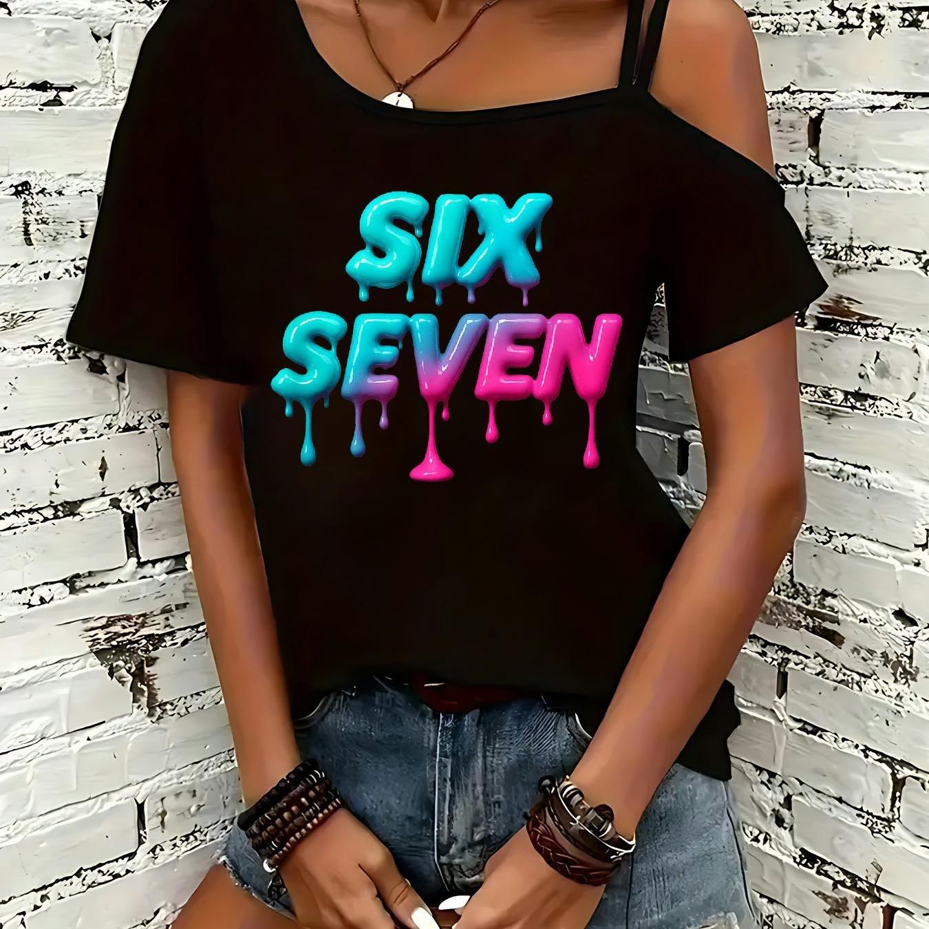 TEMU Women's Y2k Off-the-shoulder T-shirt With "67" Number & Letter Print - Single-shoulder Short Sleeve Summer Top, '67' Pattern, Machine Washable
