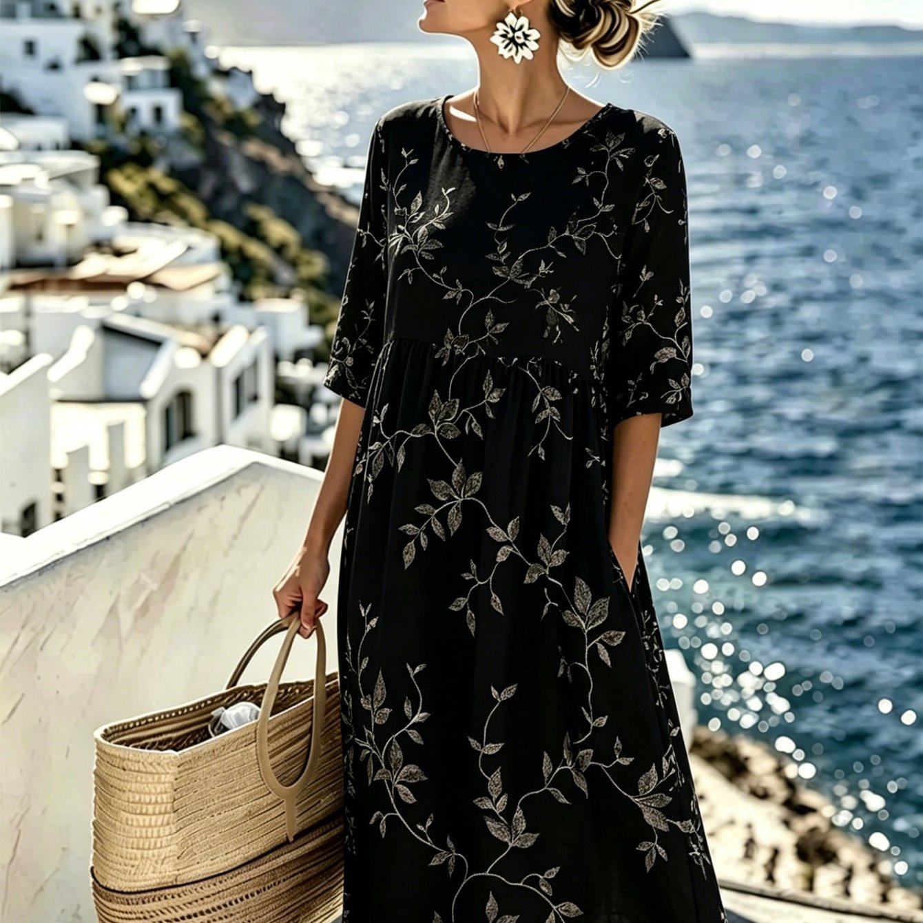 Image of Women's Summer Beach Dress Dark Floral Patterns Neck And Three-quarter Sleeve Design Polyester Fabric Loose And Comfortable Dress 2d Printing Elegant And Gentle Style Women's Dress