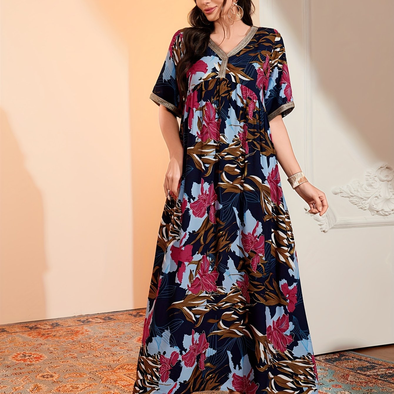 TEMU Ramadan Floral Print V Neck Kaftan Dress, Elegant Short Sleeve Dress For Spring & Summer, Women's Clothing