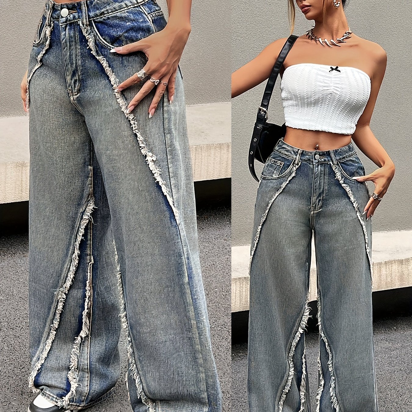 Image of Women's High-waisted Wide Leg Jeans - Non-stretchy Vintage Wash, Elegant Non-stretch Pants For Fall/winter, Machine Washable Jeans For Everyday & Formal Outfits, Winter Clothing, Edge Detailing