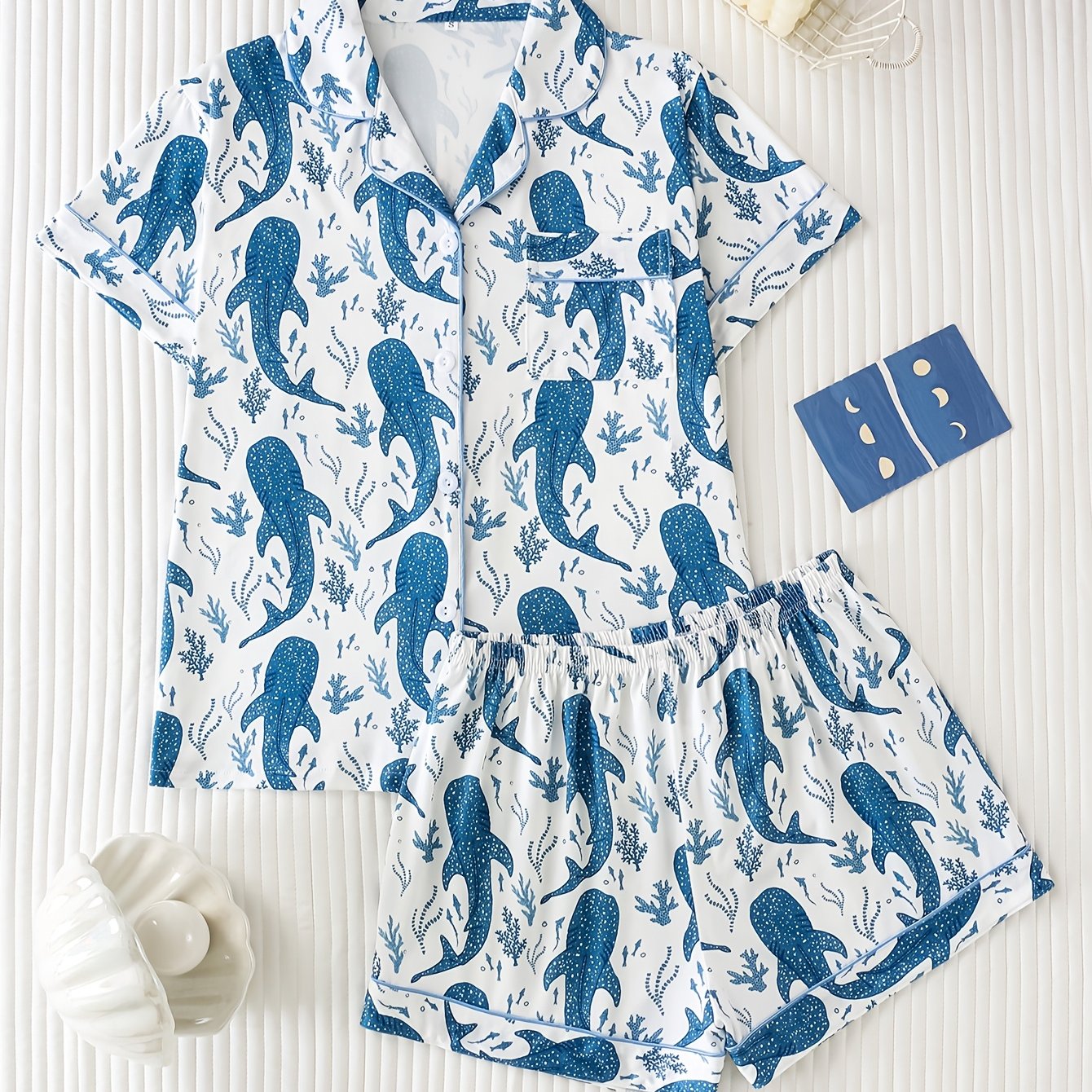 TEMU 2pcs Whale Shark Print Women's Pajama Set, Made Of High-quality Skin-friendly And Smooth Fabric. Features A Loose, Lightweight Button-front