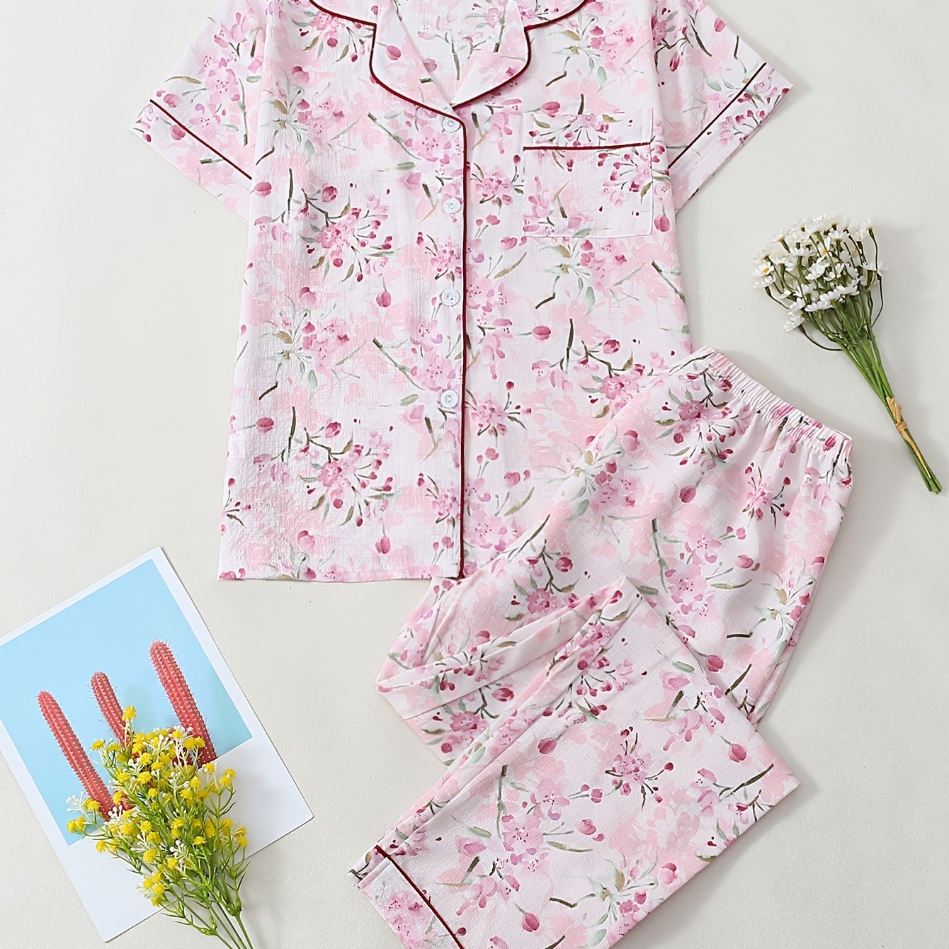 TEMU A Women's Casual Floral Print Pajama Set For Spring And Summer, Featuring A Comfortable Button-up Top And Long Pants With An Elastic Waistband