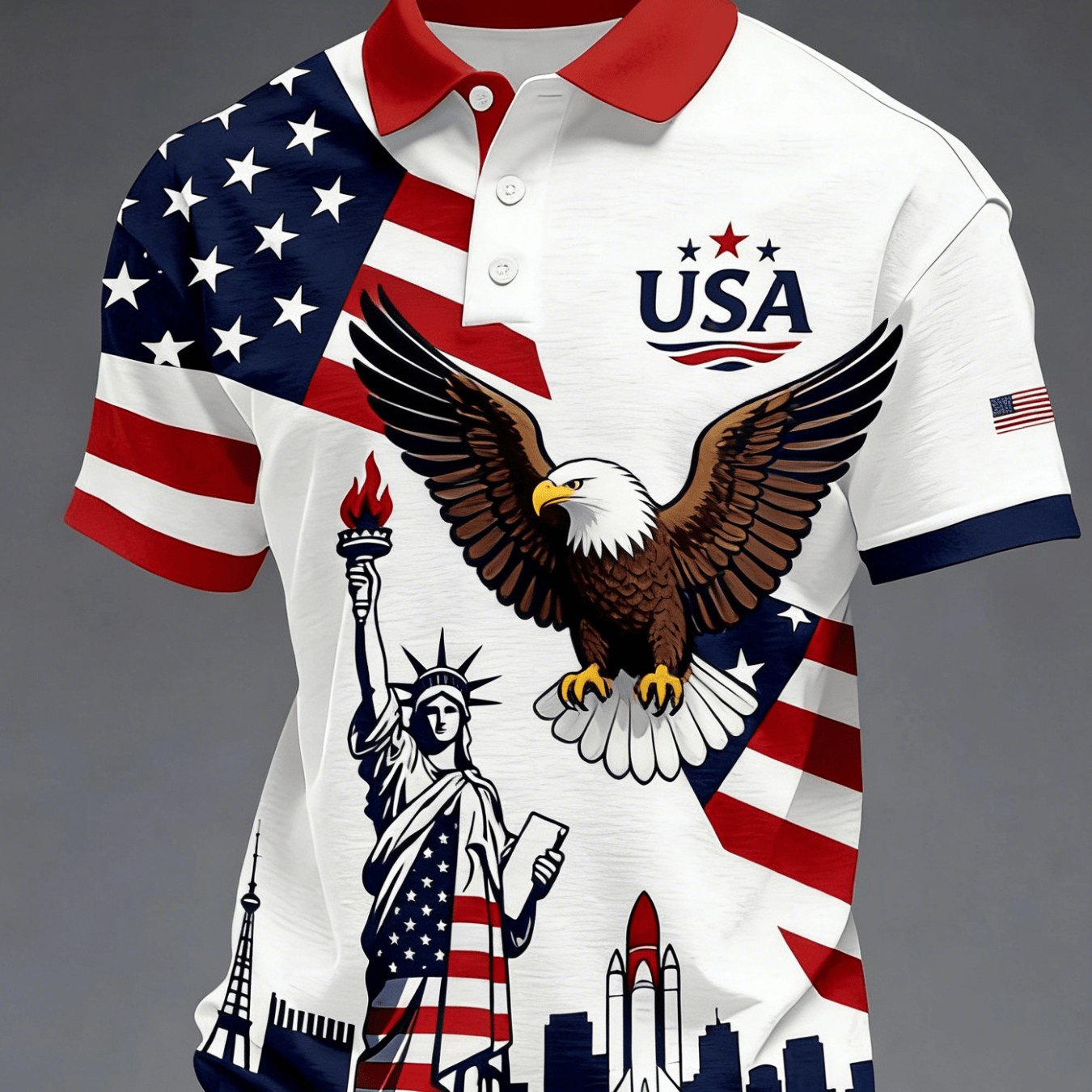 TEMU Print Design-not Textured]2026 Summer 's Plus Size Shirt 250th Anniversary Theme Men's Short Sleeve , American Statue Of Bald Eagle Men's Shirt,
