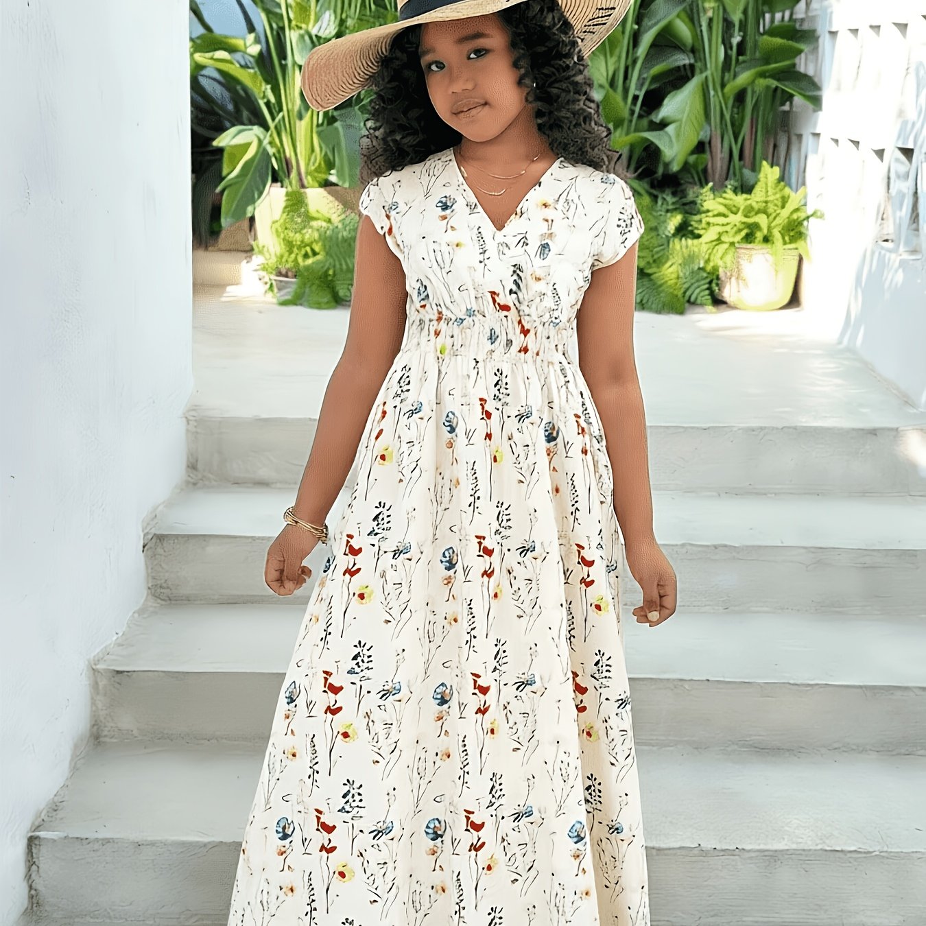 Image of Girls' Casual Fashion Dress, V-neck Floral Print Long Vacation Dress, Smocked Sleeveless Dress For Mid-to-big Kids, Halloween