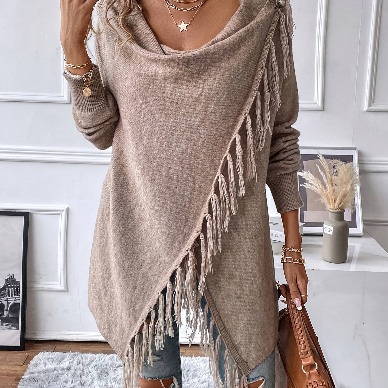 Fringed Edge Trim Draped Neckline Shawl