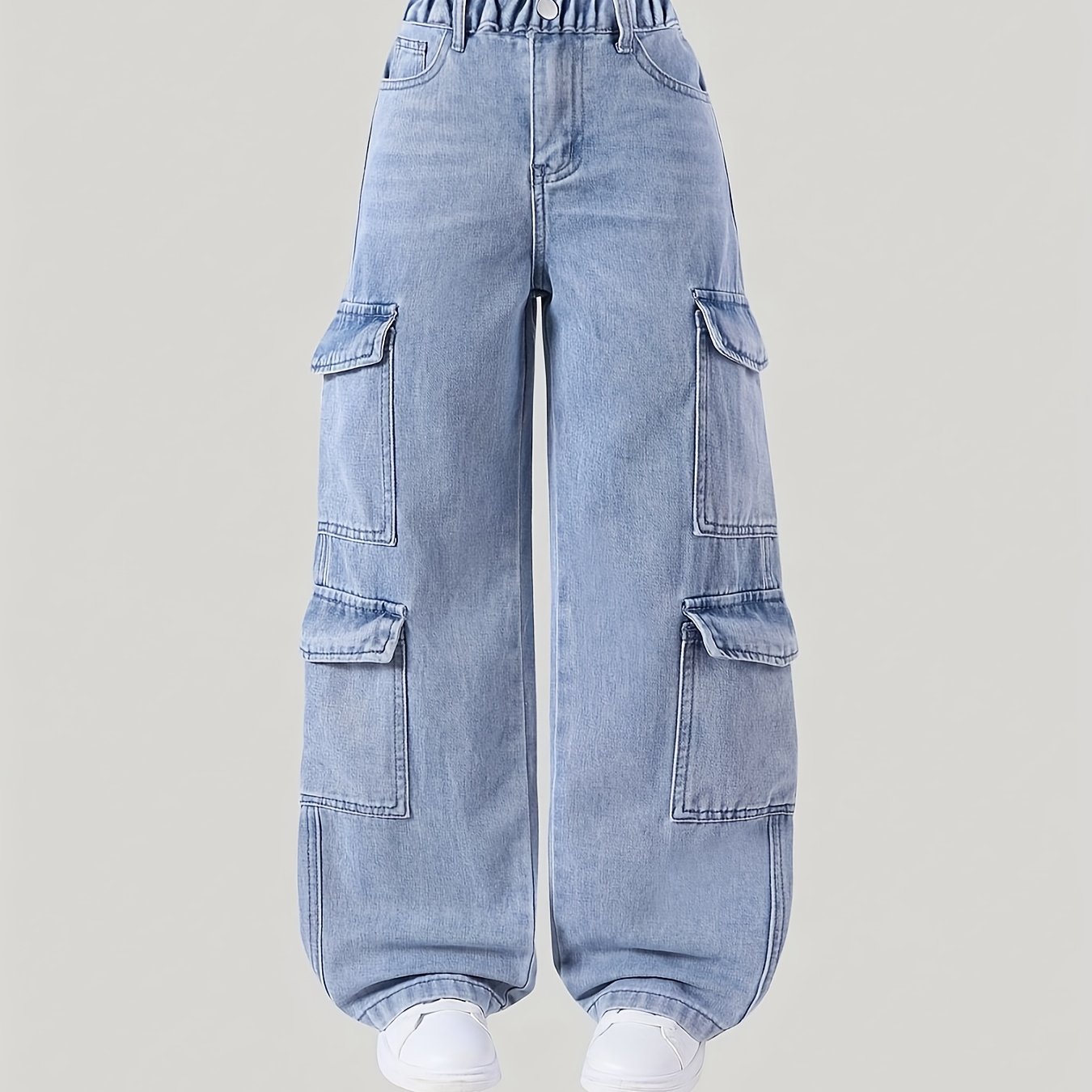 Image of Girls' Light Blue Denim Pants With Elastic Waistband & Multi-pocket Y2k Style Outfit - Light Blue For 3+ Years, Machine Washable Cargo Pants For, & Casual Attire ( & Teen)