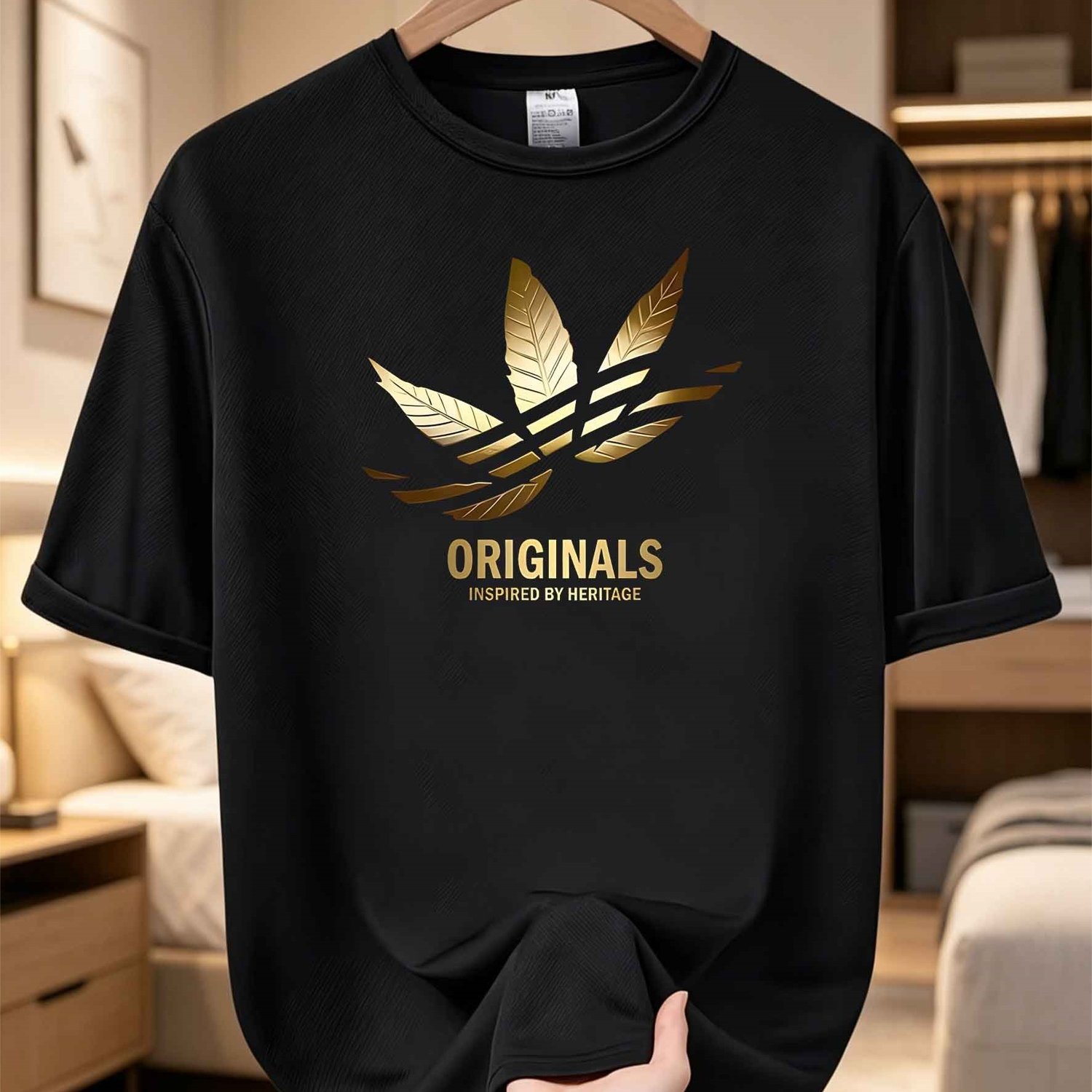 Image of Men's Crew Neck T-shirt With Golden Hemp Leaf Print, Spring/summer Trendy Casual Top