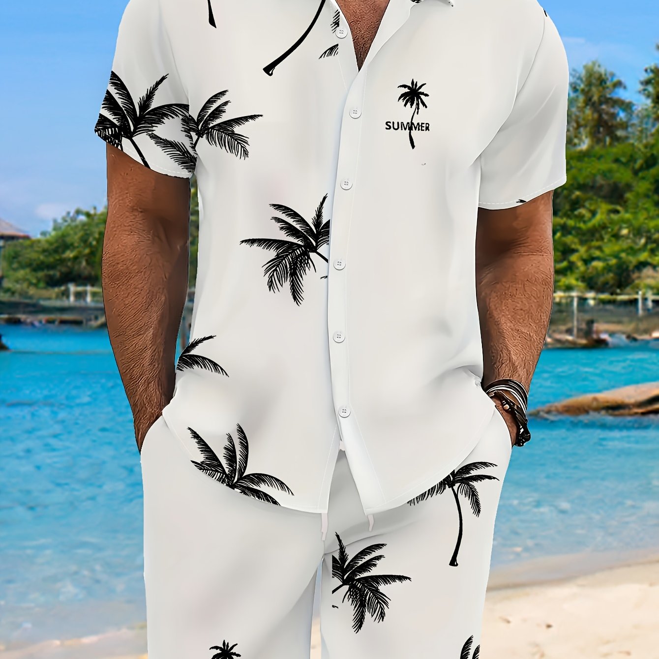 TEMU Men's Casual Summer Shirt Set, Brown Palm Tree Print Loose Lapel Short Sleeve Shirt And Drawstring Shorts 2pcs Set