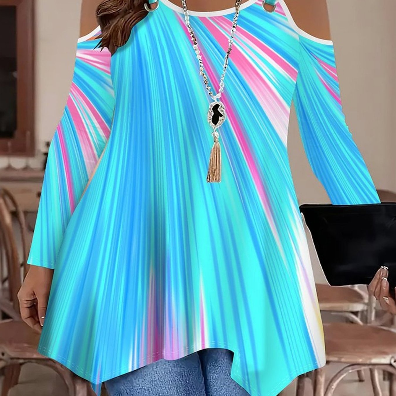 TEMU Plus Size, Women Fashion Elegant Long Sleeve Tshirt, Double Off Shoulder Design, All Over Pattern, Plus Size Loose Tank Top