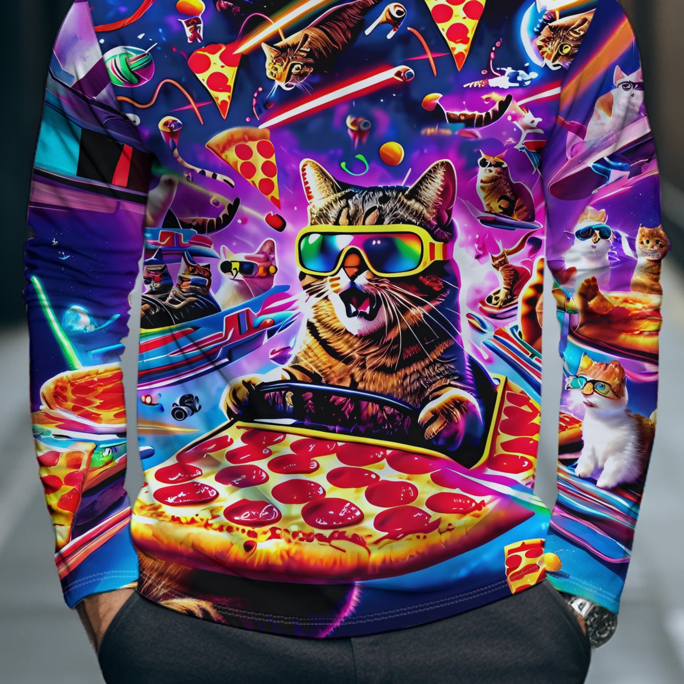 TEMU 2025 's Long-sleeve T-shirt Featuring A Trendy And Pizza Print, Designed For Young Adults With A Loose And Casual Fit. Made From Polyester, This