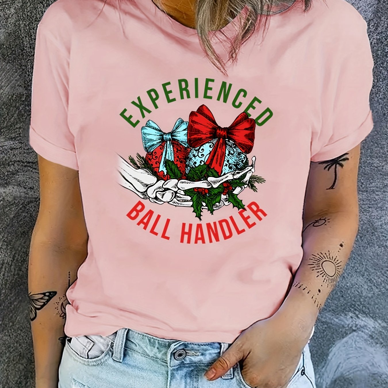 TEMU Christmas Print Graphic Short Sleeves Casual Tops, Fashion Round Neck Sports T-shirt, Women's Activewear