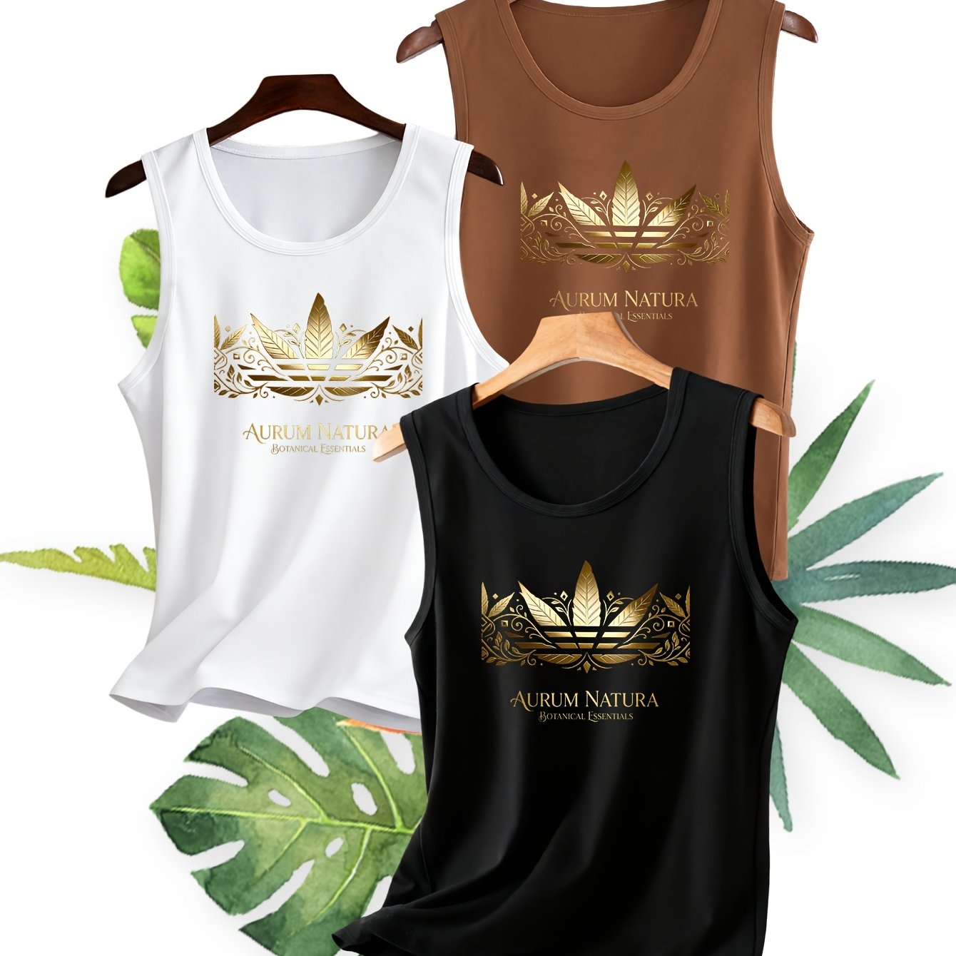 TEMU 3pcs Set, Multiple Colors , Women's Tank Top, Golden Botanical Totem Print Crew Neck Tank Top, Spring/summer Fashion , Women's Top