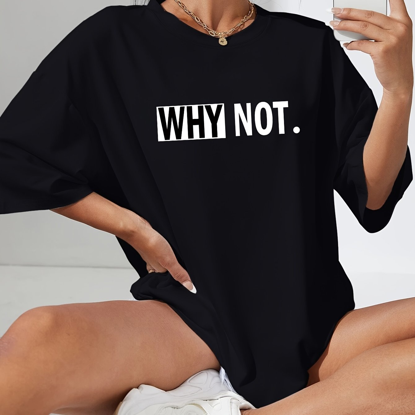 Image of European And American Fast Fashion Black Casual Letter Print T-shirt Simple Round Neck Short Sleeve Loose Comfortable Top