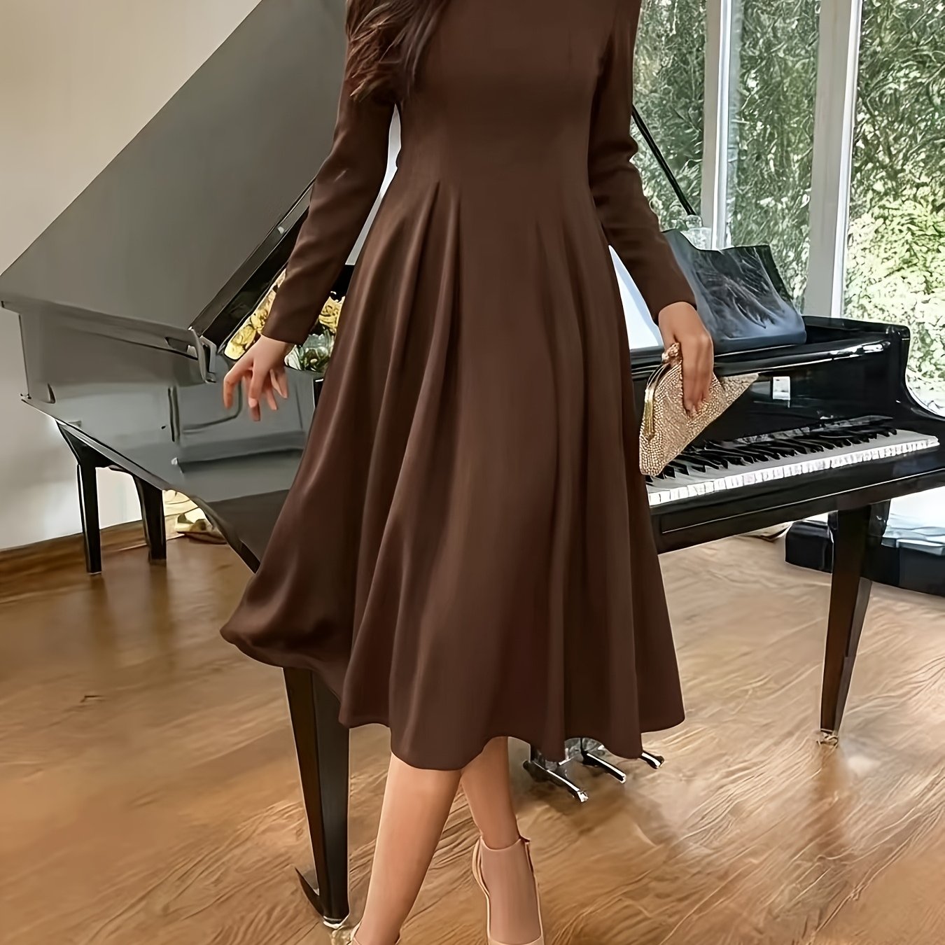 TEMU Women's Elegant A-line Dress - Solid Color Round Neck Long Sleeve Dress