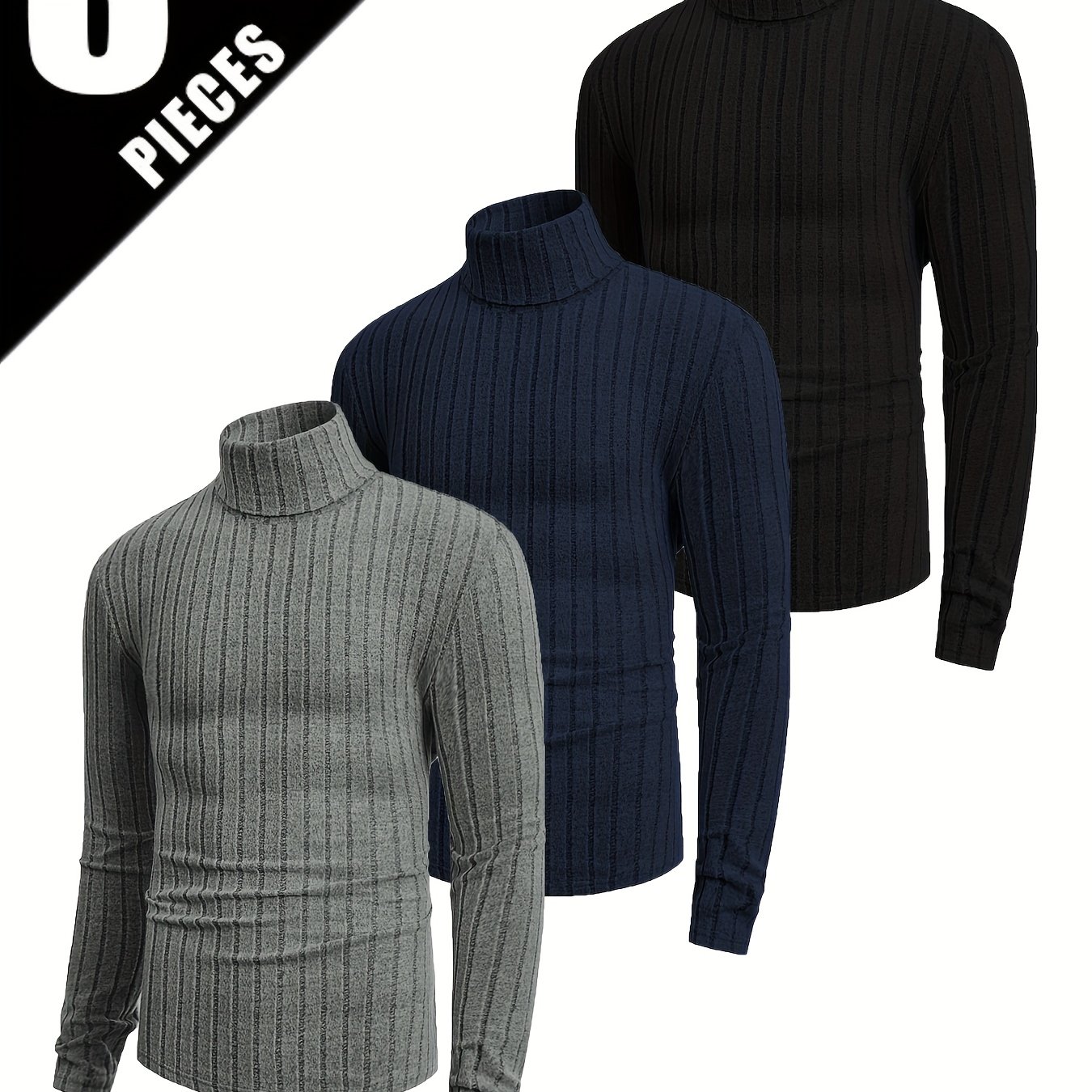 Men's Long-sleeved Basic Everyday Base Shirt Three-piece Set Turtleneck Warm Fleece-lined Round Neck Home Casual T-shirt, Clothes For Men