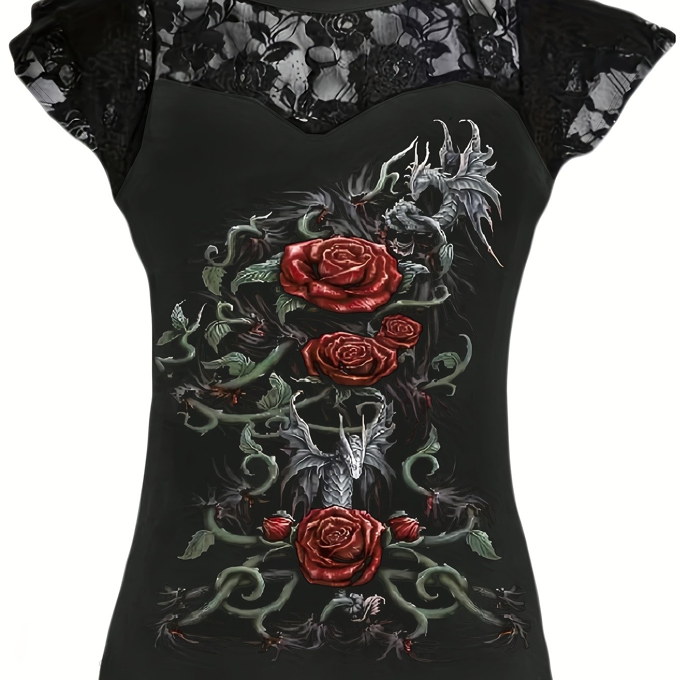 Casual Fashion Women's Lace Rose Pattern Print Round Neck Short Sleeve T-shirt