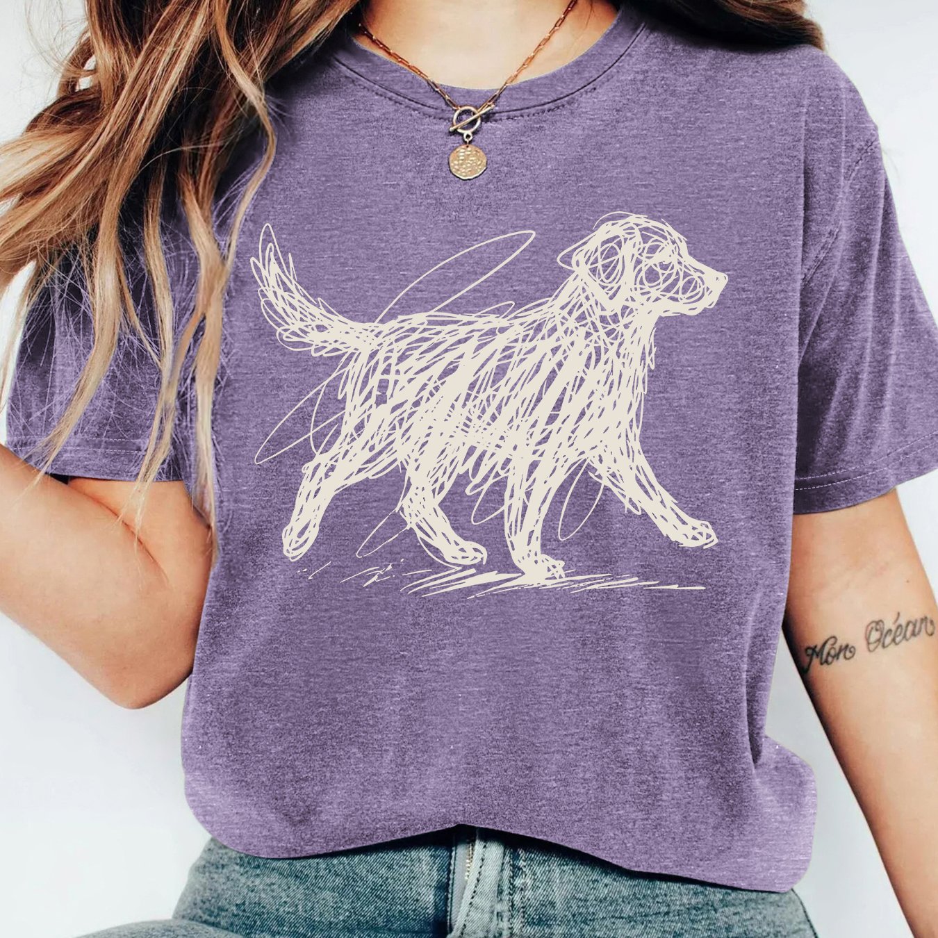 TEMU Women's Vintage Golden Retriever T-shirt - Hand- Sketch Short Sleeve Crew Neck Top | Suitable For Casual Wear, Parties & Pet Lovers | Loose-fit