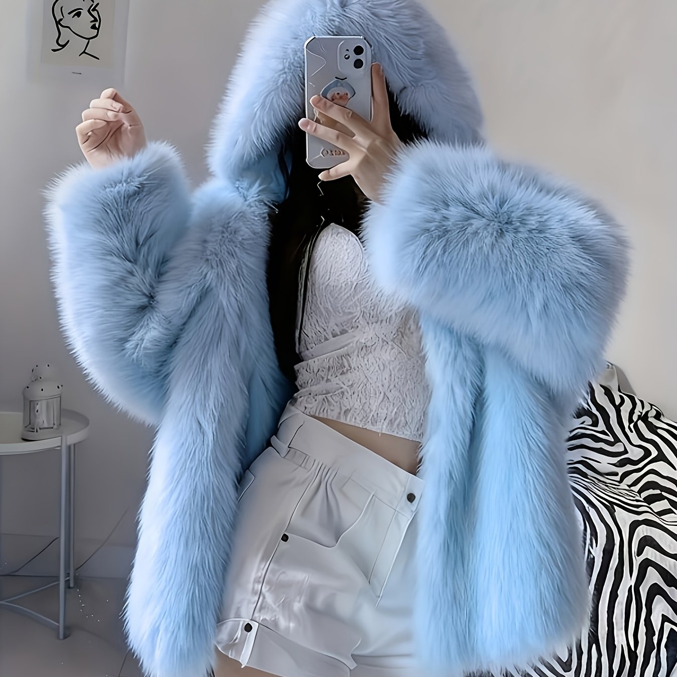E-shop Damen Winter Plüschjacke mit Kunstkragen & Langarm – Dicke Warme Kurzmantel, Uni-Farben Mantel für Herbst/Winter, Maschinenwaschbare Elegante