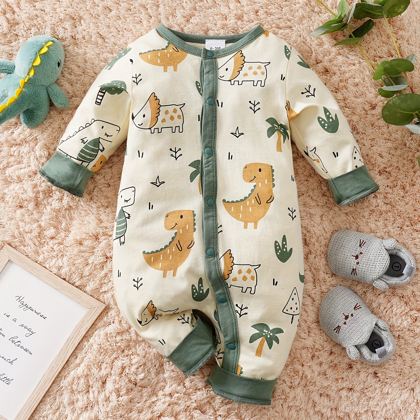 Image of Cartoon Dinosaur Print Spring/autumn Long-sleeve Children's Bodysuit, Perfect For Outdoor