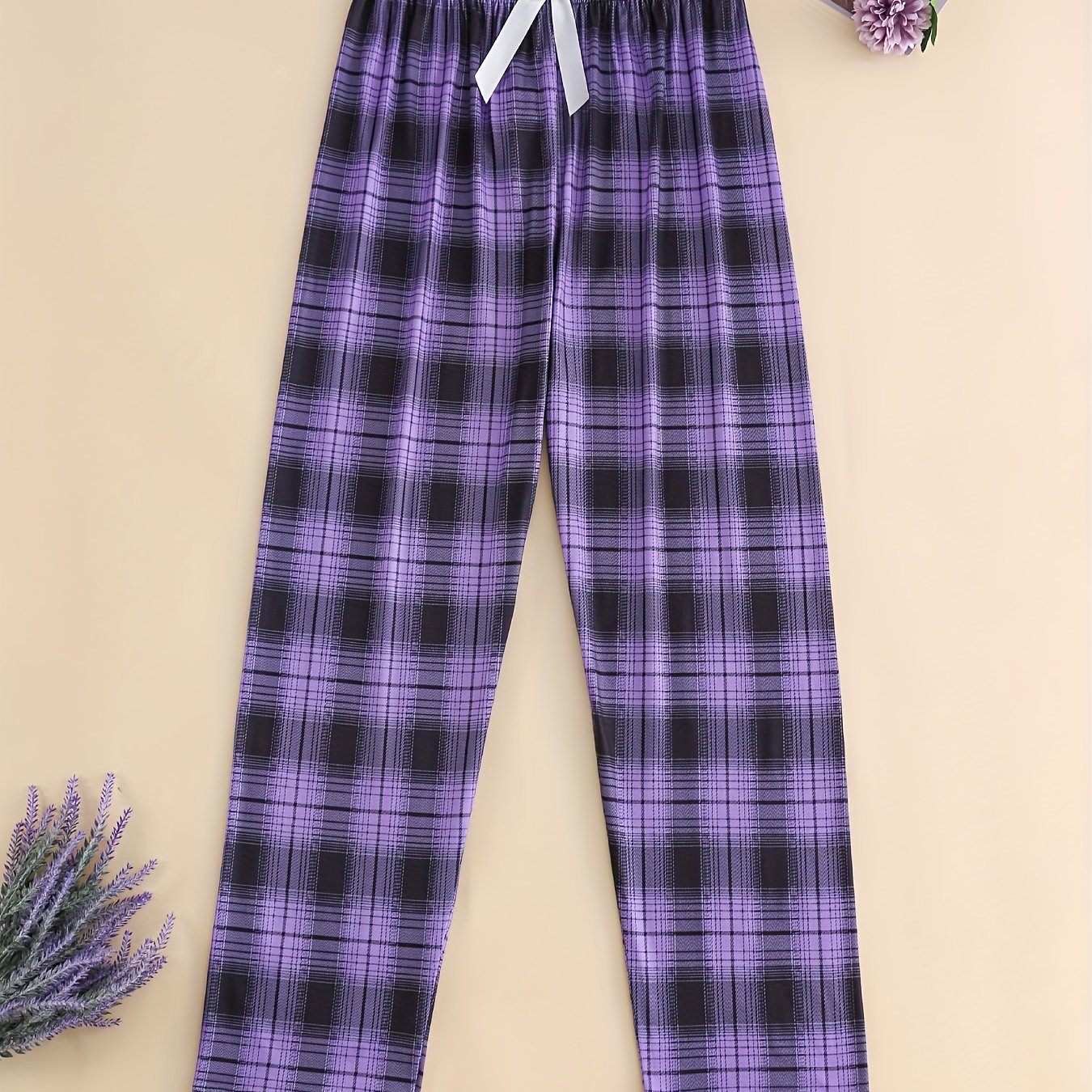 E-shop Frühlings- und Sommer-Pyjamahosen für Damen, Elastischer Bund, Lockerer Freizeitstil mit Schleife und Zweifarbigem Kariendruck,