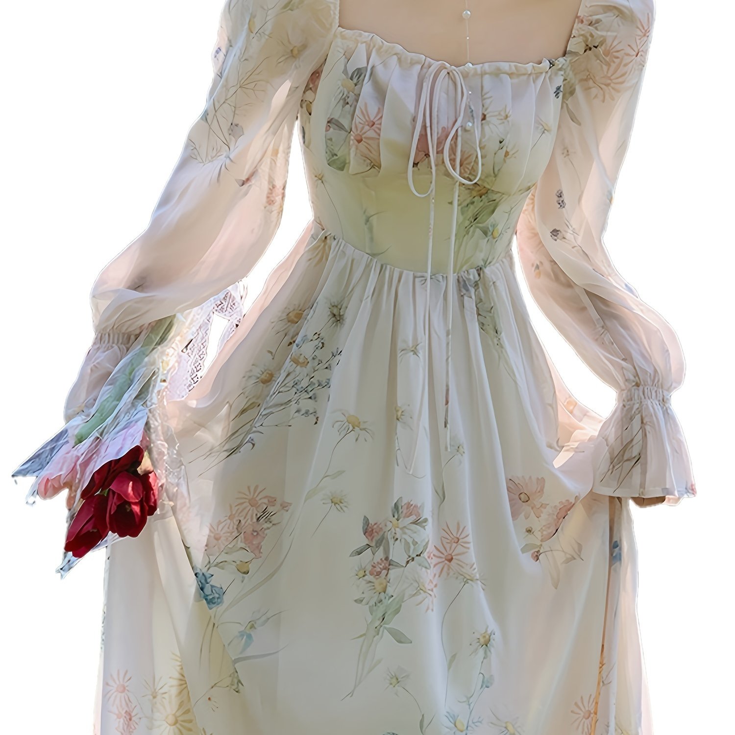 TEMU 花柄ネックドレス、トなフリルヘム長袖ドレス春秋用、レディース