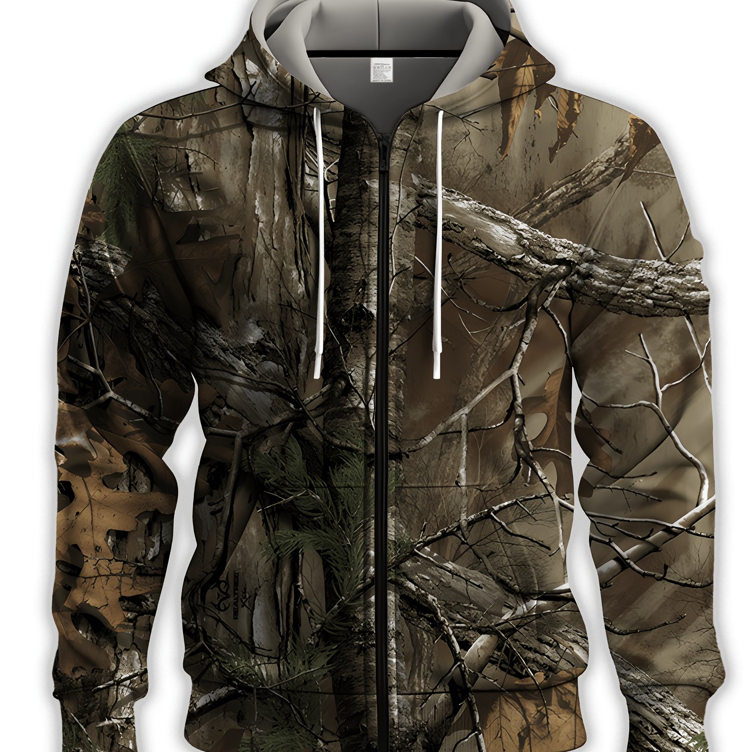 Image of Men's Sporty Casual Breathable Popular Branch Pattern Zipper Double Hood Hoodie, Plus Size, Hunting