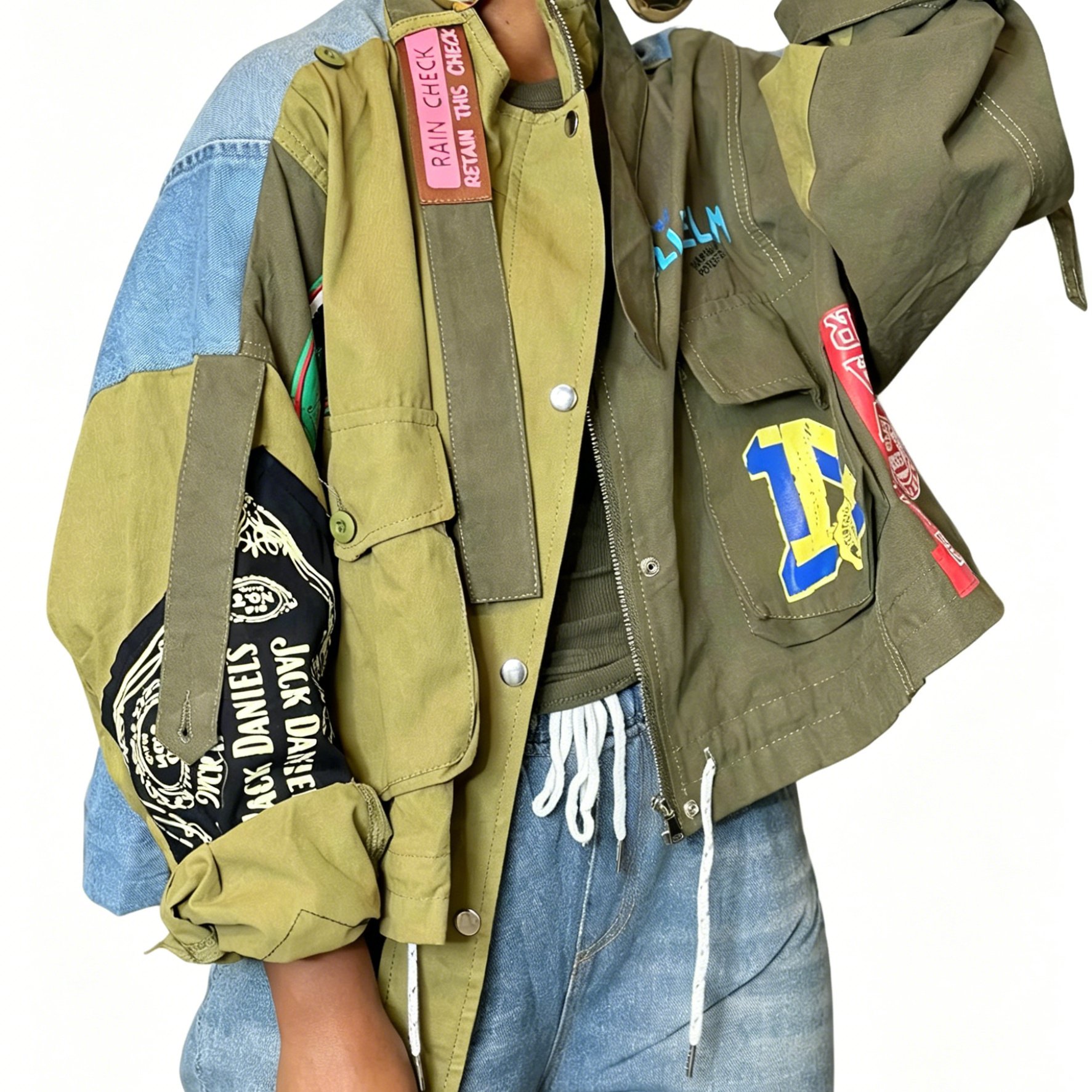 TEMU Women's Retro Military Green Denim Jacket, With Denim And Printed Bandana Patches, Multi-pocket Style Jacket, Fashionable, Loose, Casual, And