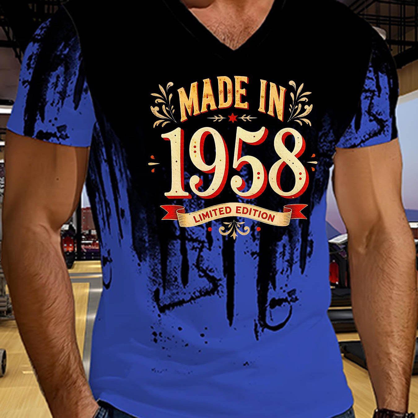 TEMU Print Design - Non-textured Men's Summer New Personalized Letter/number "made In 1958" Theme Retro Style Pattern Center Print V-neck T-shirt,
