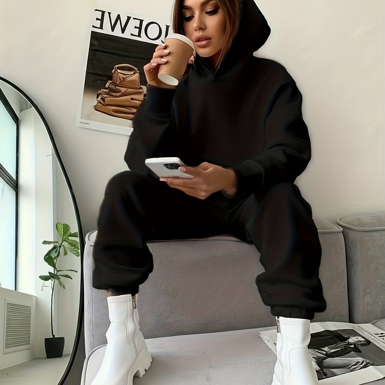 E-shop Damen Kapuzenpullover mit langen Ärmeln, Fleece-Futter, warm für Zuhause