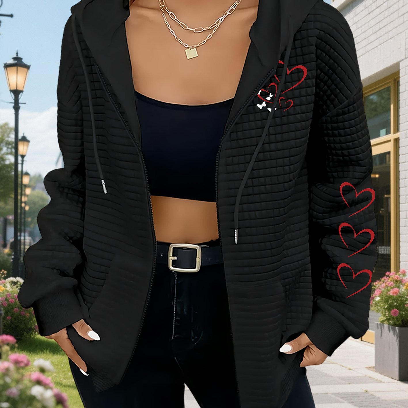 TEMU Women's Casual Waffle Zip-up Hoodie With Heart Pattern Print And Drawstring - Made Of, Machine Washable, Featuring Geometric Designs