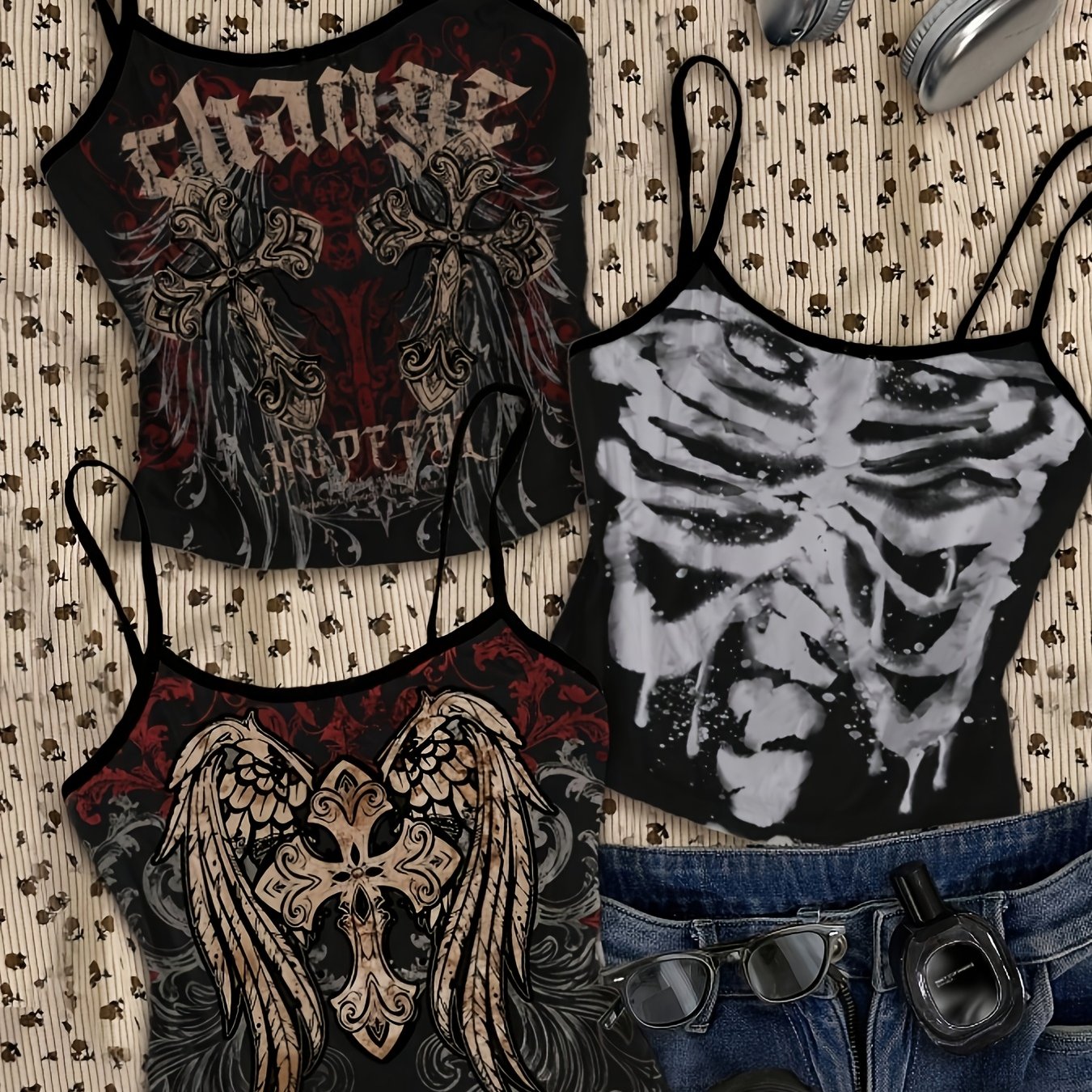 TEMU Ensemble de 3 débardeurs Hip Hop pour femme, vêtement d'extérieur streetwear, haut de style Y2K décontracté vintage pour festival de musique