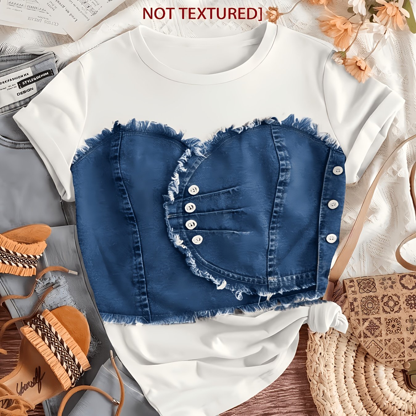 TEMU Women's Fake Two-piece Short-sleeved T-shirt Denim Tube Top Printed Round Neck Street Casual Versatile Style Summer Denim Style Daily Summer