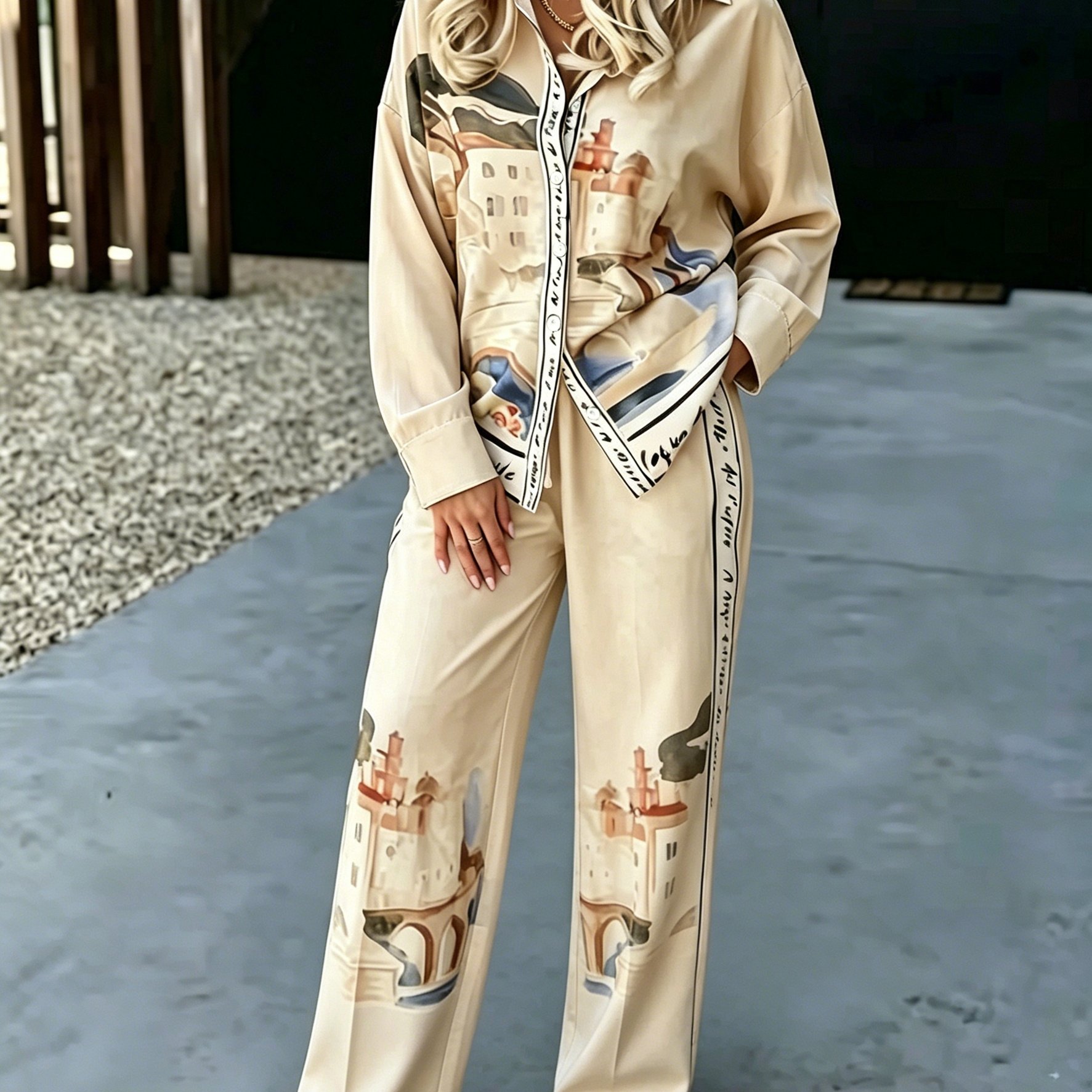 TEMU /summer Elegant And Fashionable Style Women's Printed Long-sleeve Shirt And Printed Straight-leg Pants 2pcs Set, Comfortable Outfit